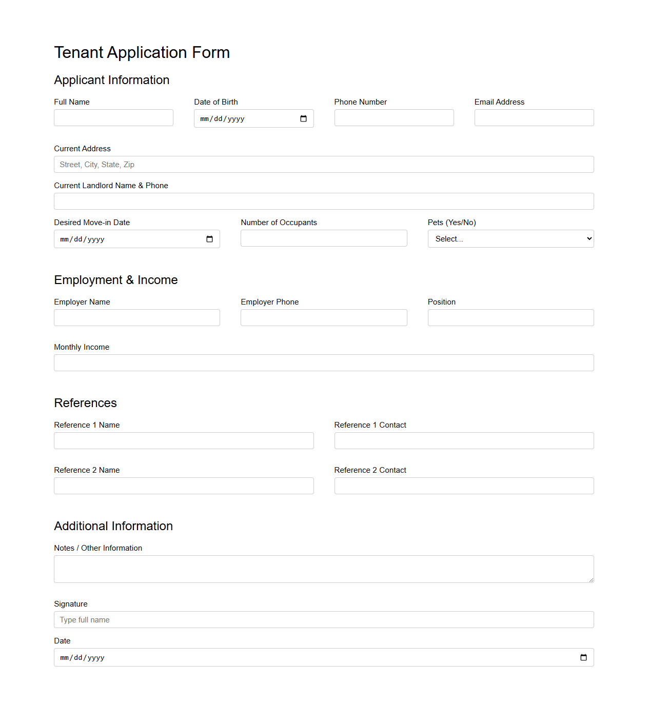 Tenant Application Form Template for Apartments