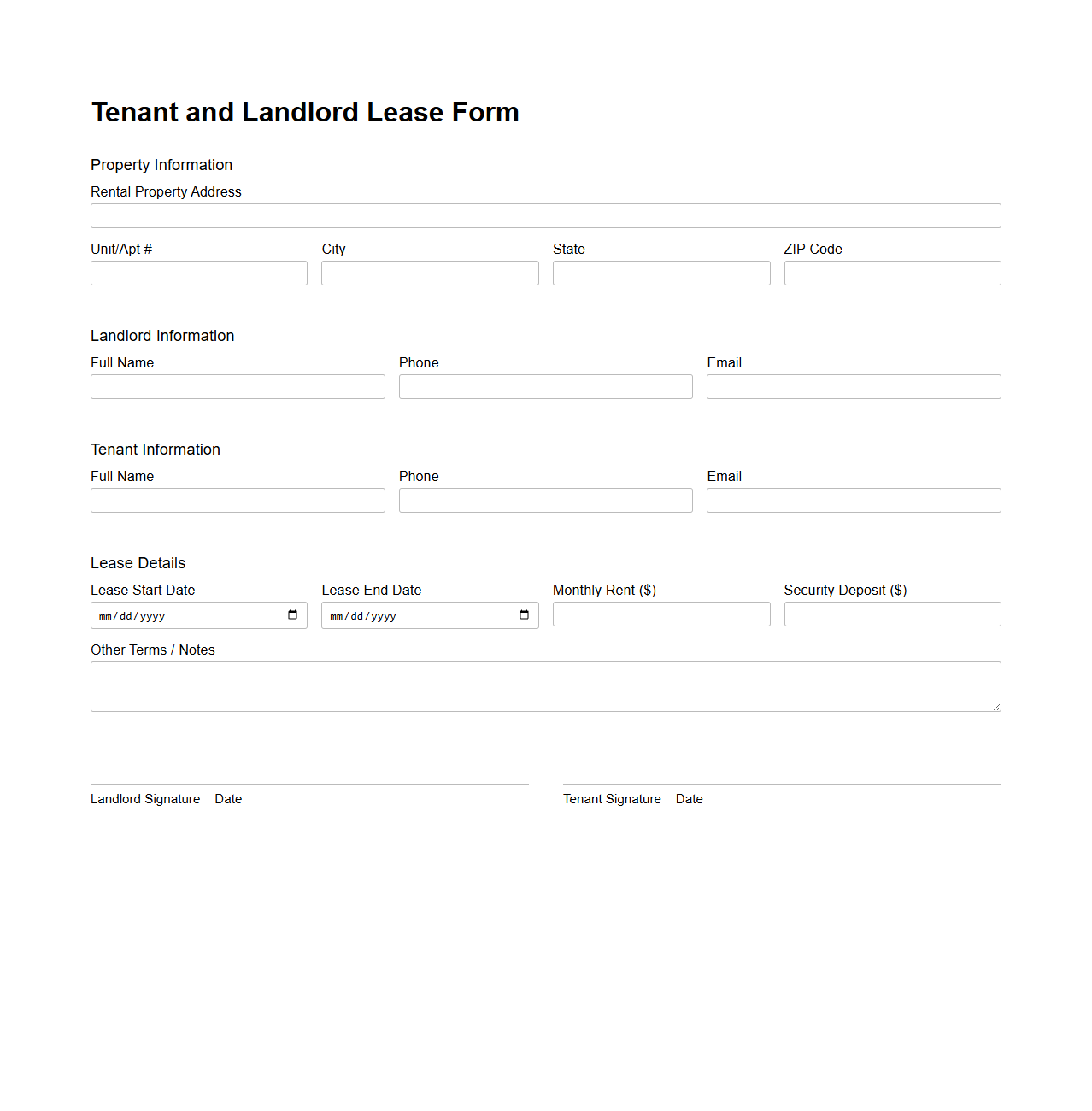 Tenant and Landlord Lease Form