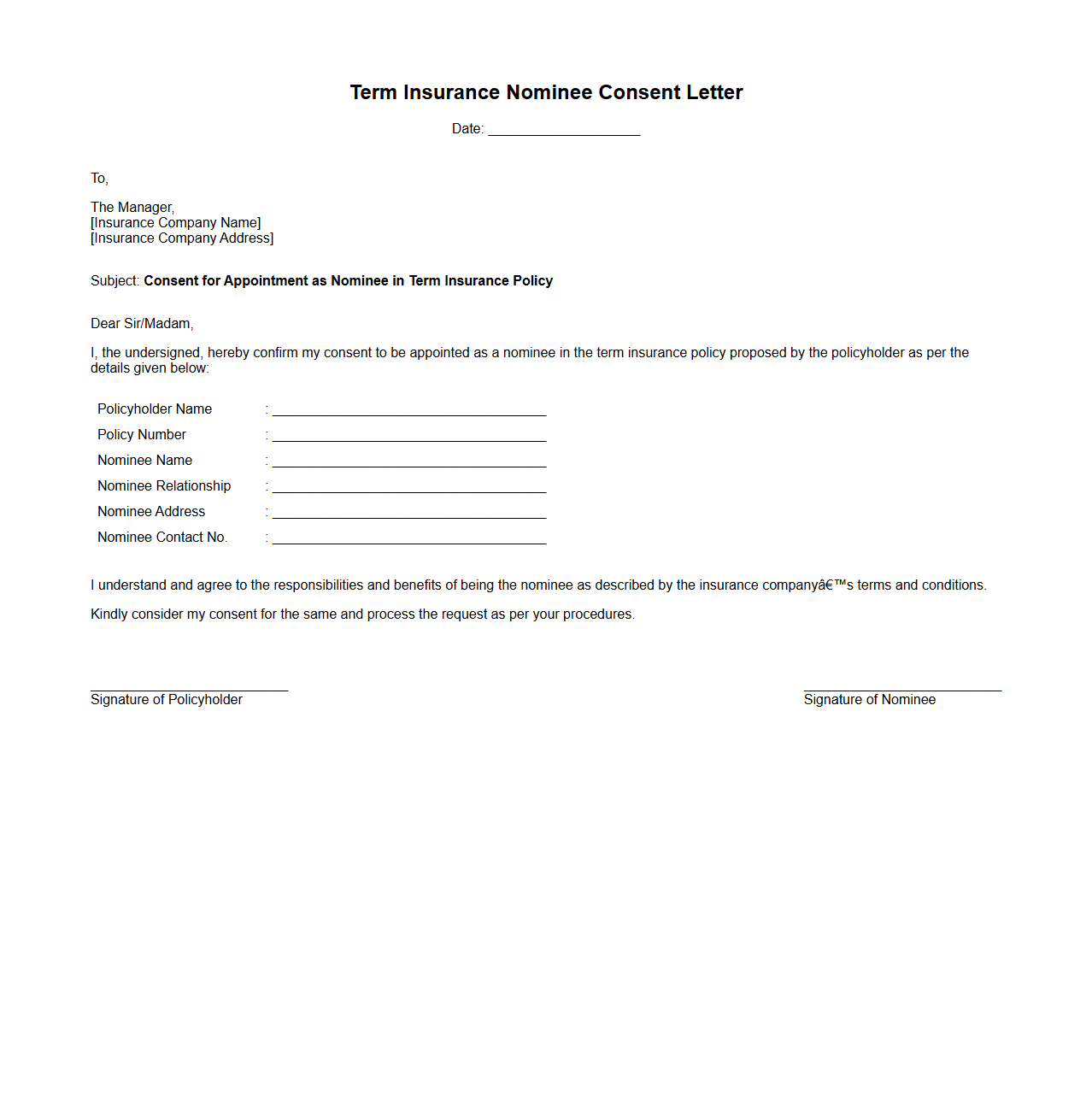 Term Insurance Nominee Consent Letter Sample