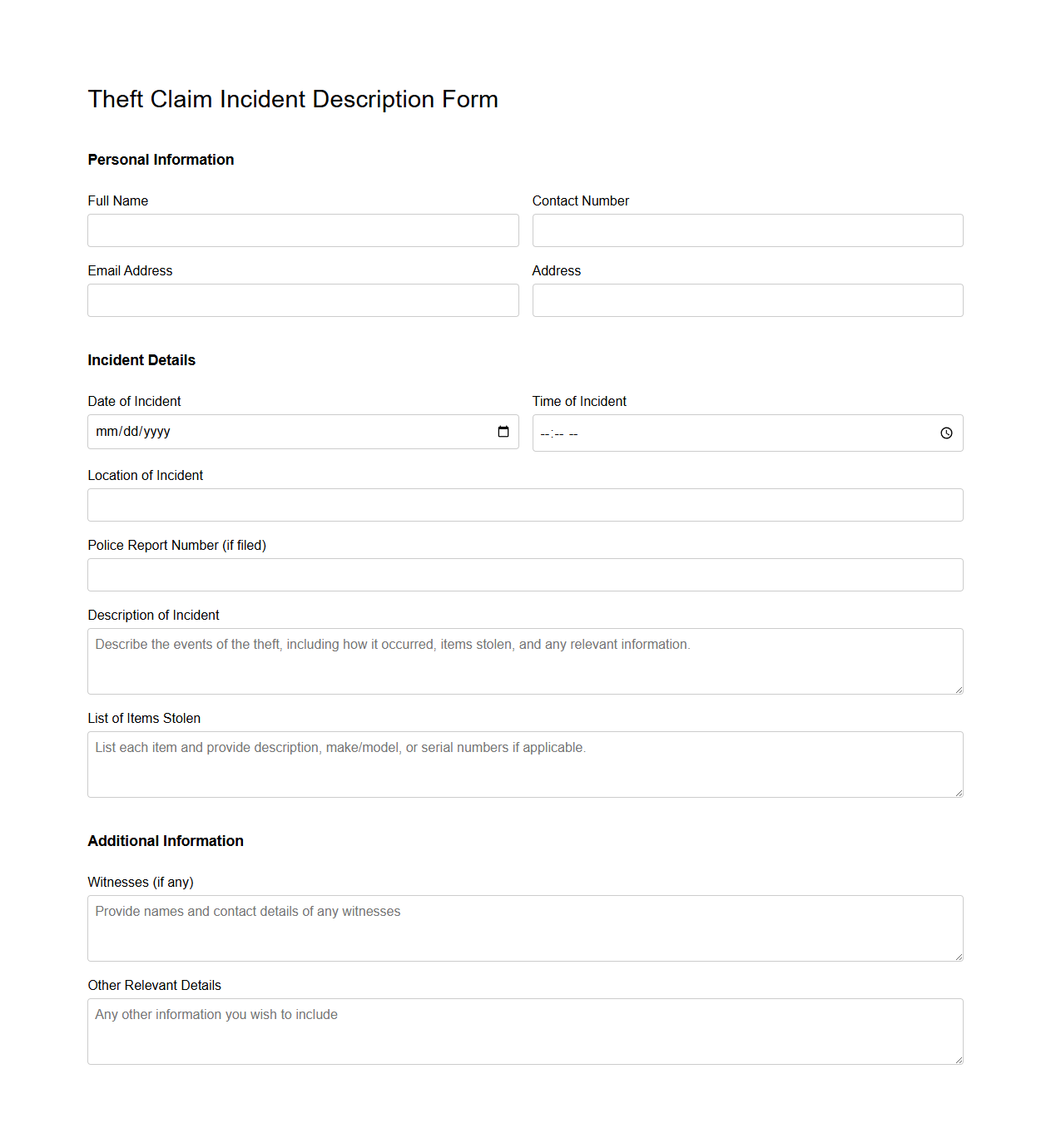 Theft Claim Incident Description Form