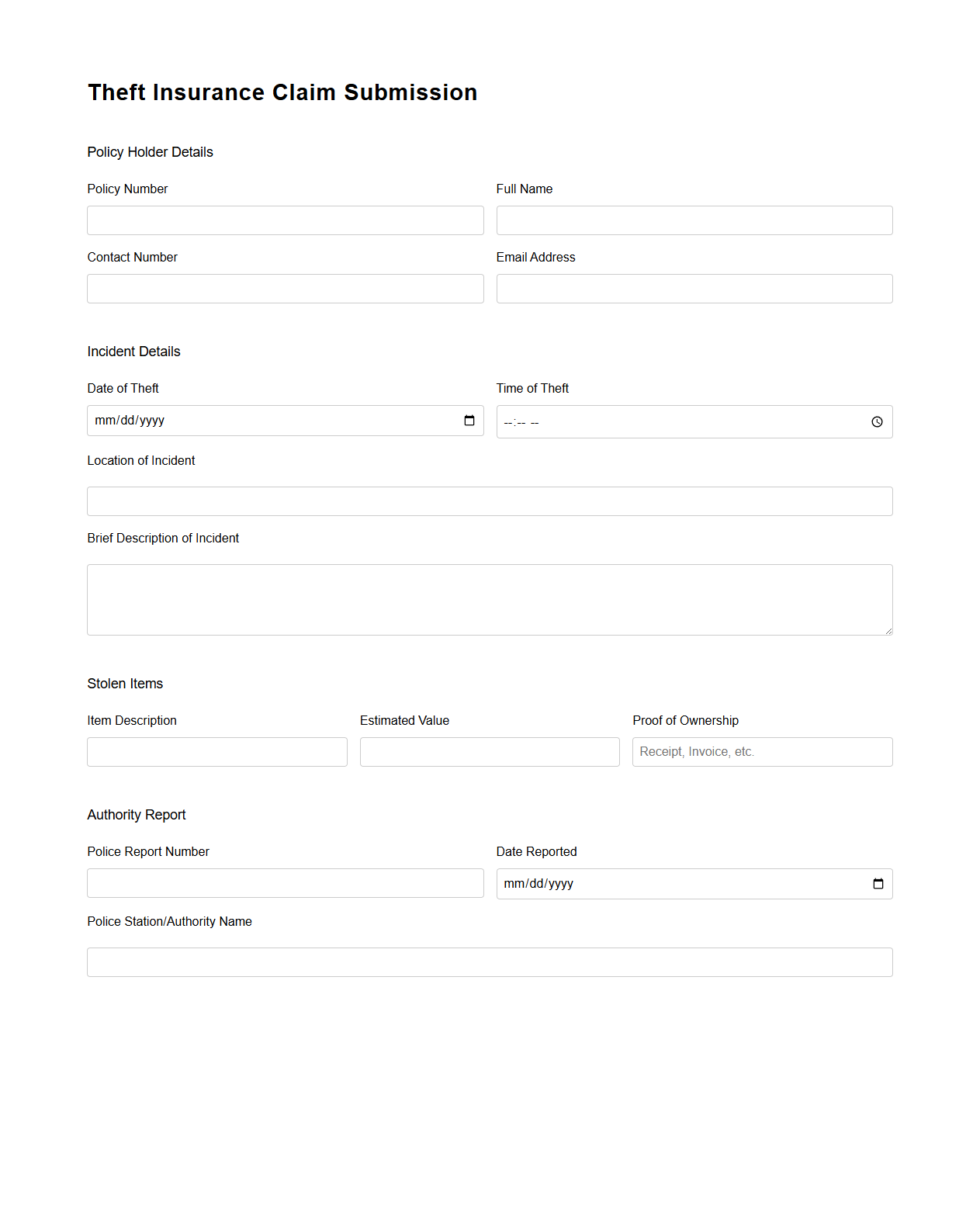 Theft Insurance Claim Submission Template