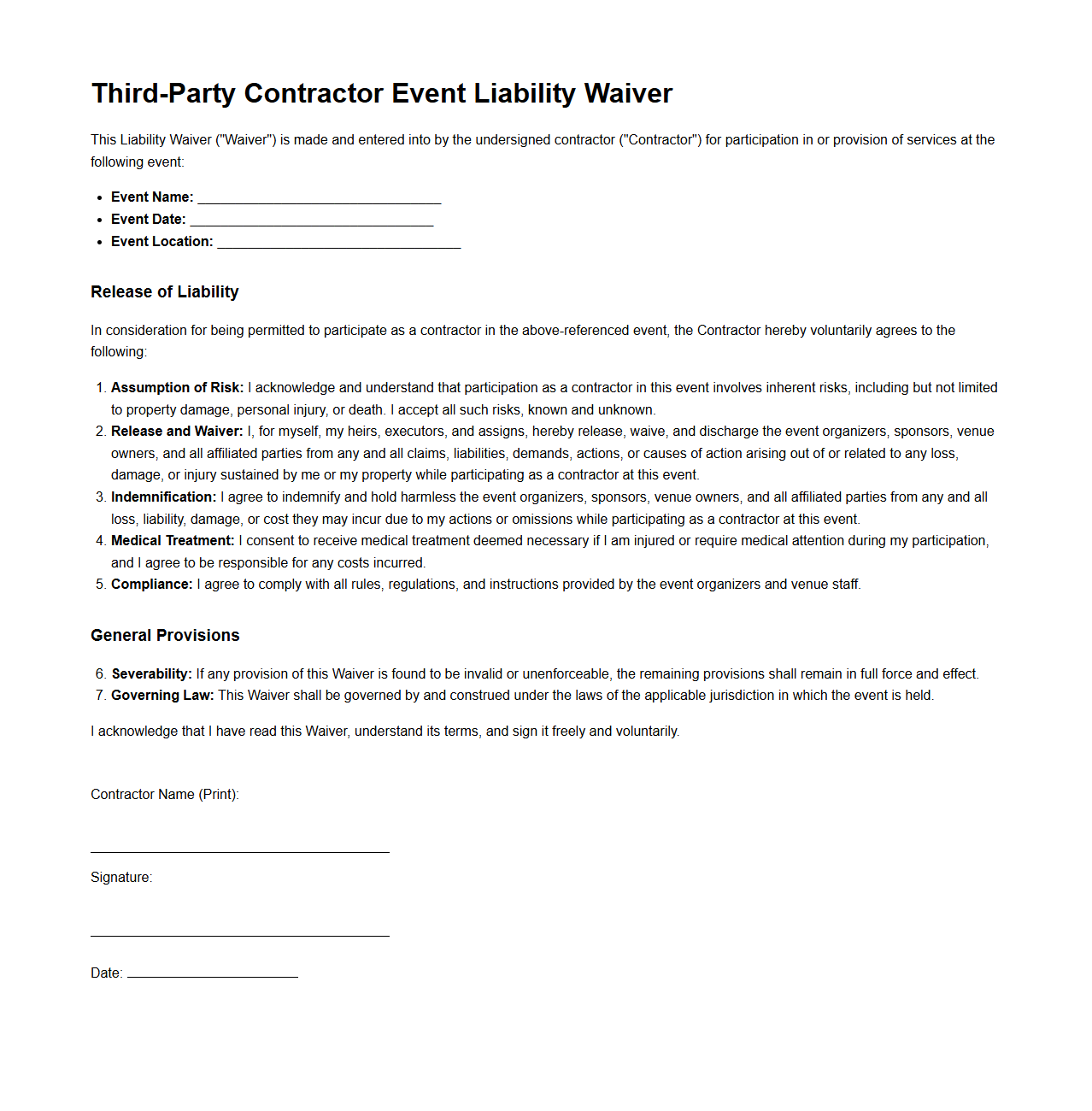 Third-Party Contractor Event Liability Waiver