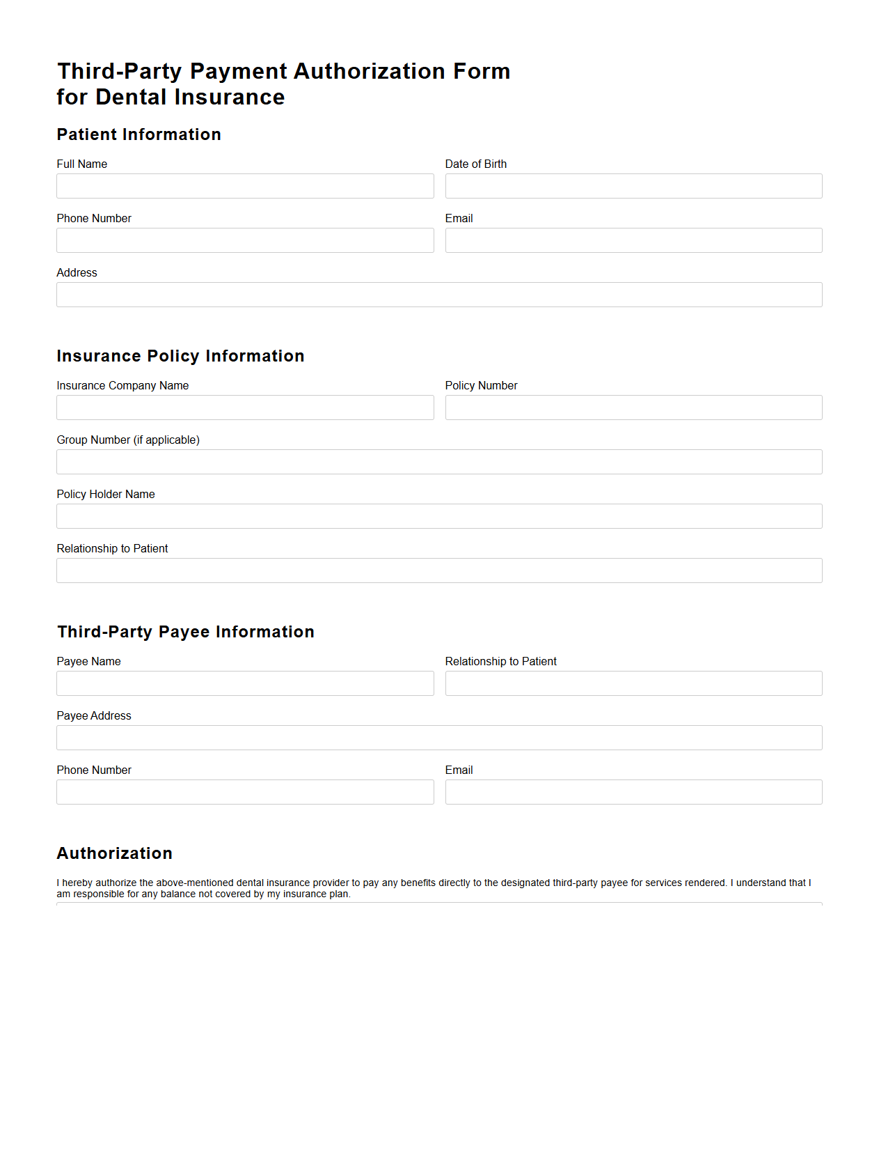 Third-Party Payment Authorization Form for Dental Insurance