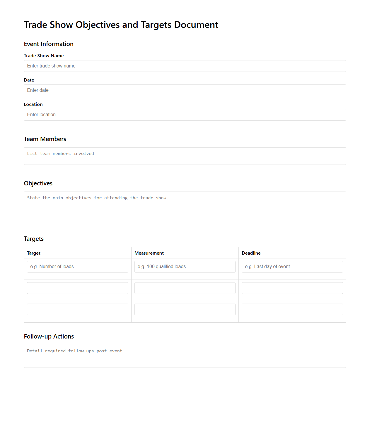 Trade Show Objectives and Targets Document