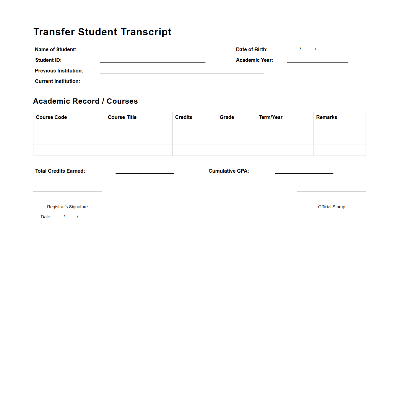Transfer Student Transcript Format