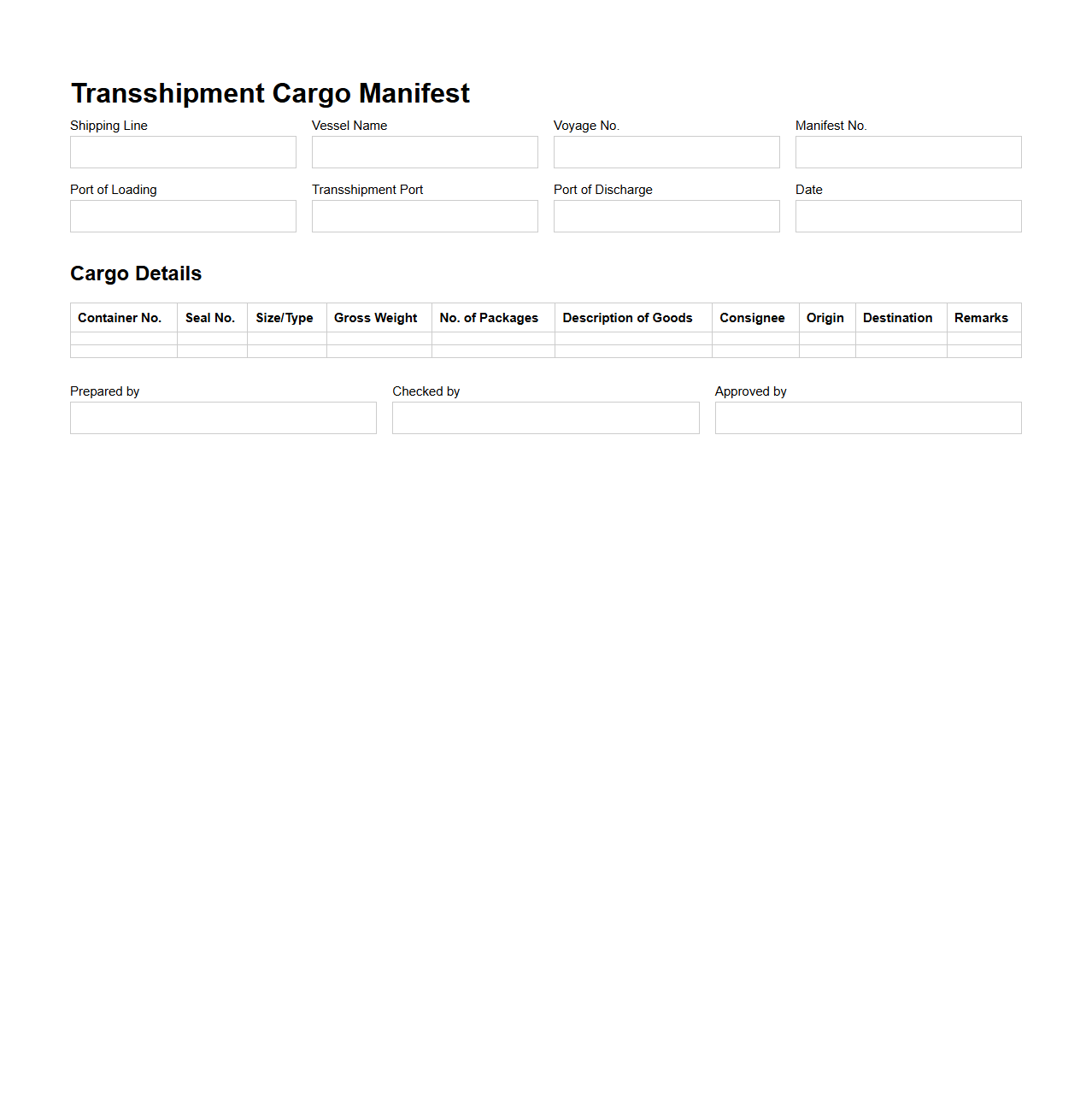 Transshipment Cargo Manifest Template for Shipping Lines