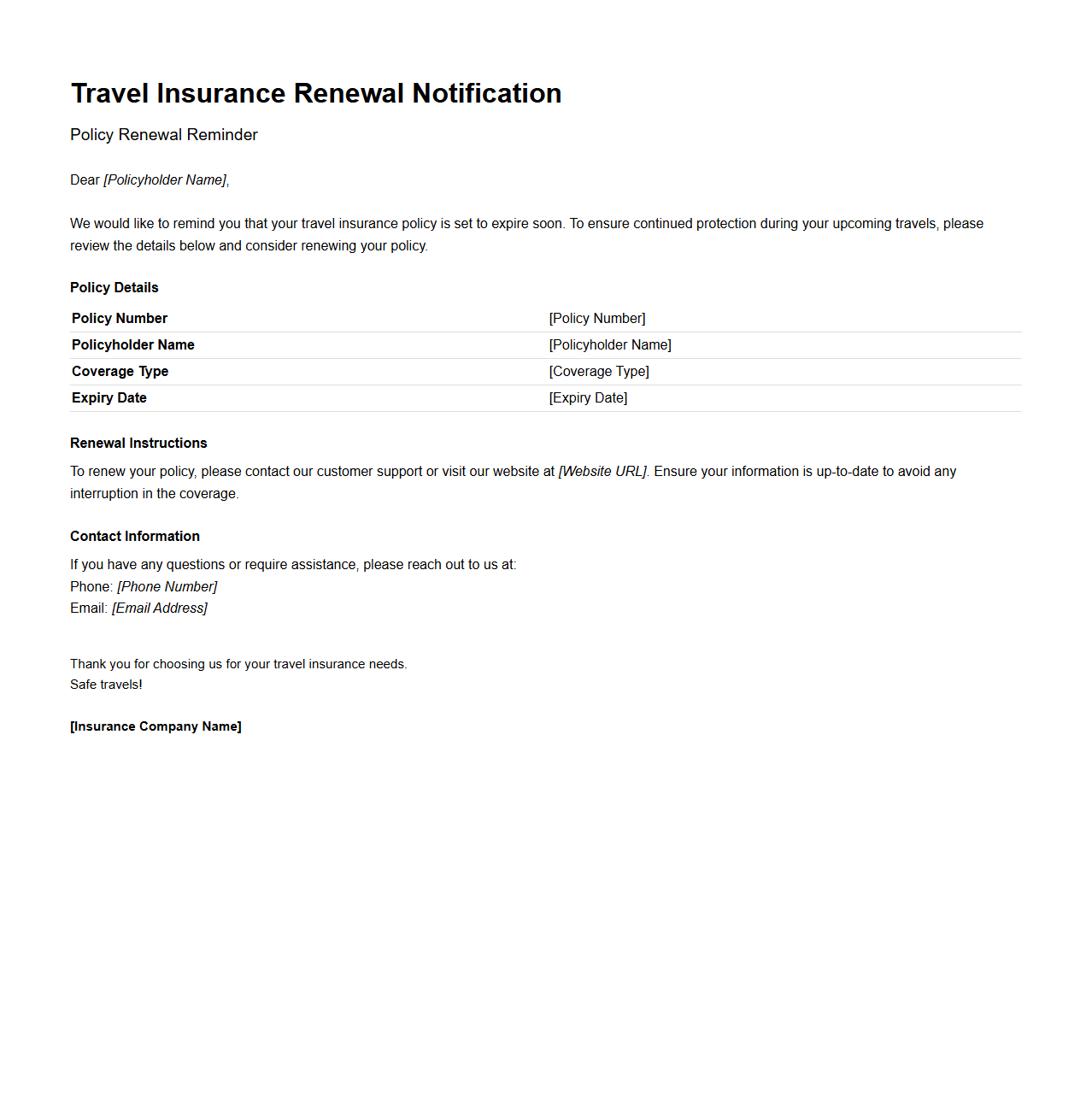 Travel Insurance Renewal Notification Template