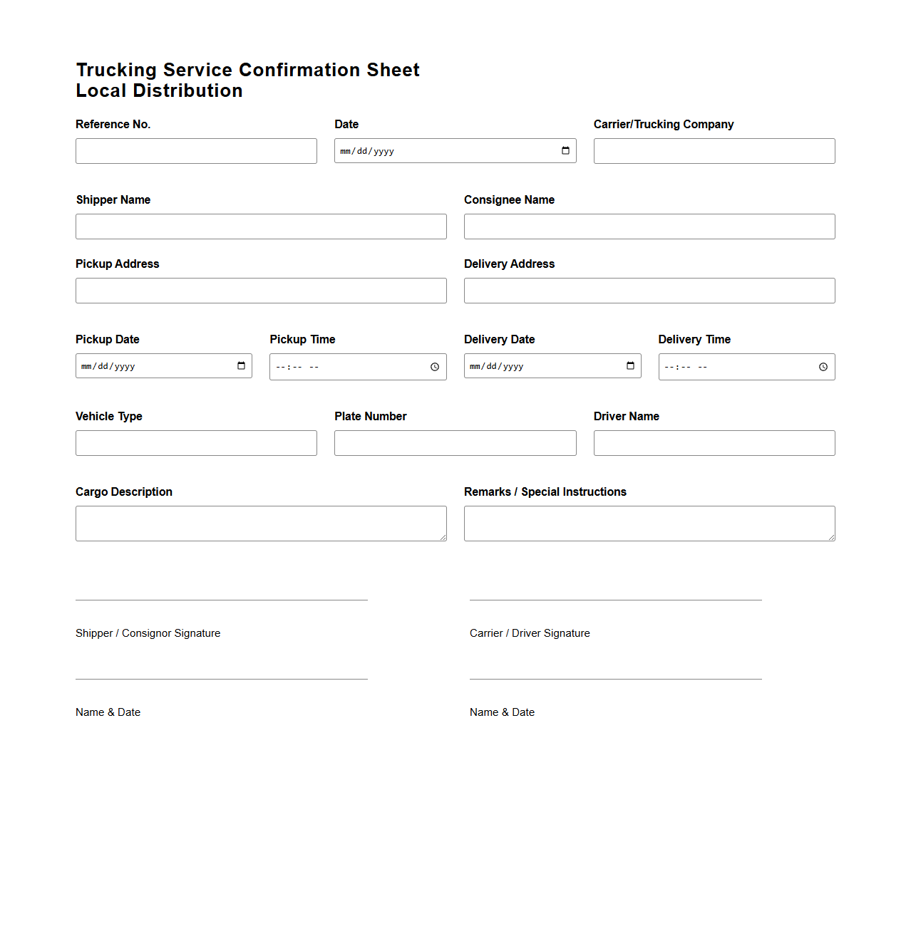 Trucking Service Confirmation Sheet for Local Distribution