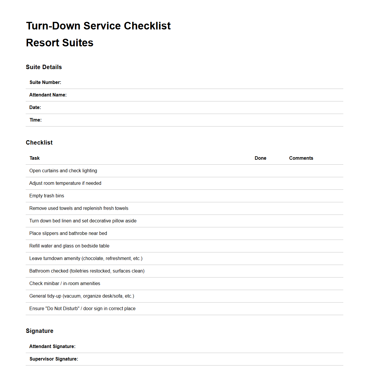 Turn-Down Service Checklist for Resort Suites