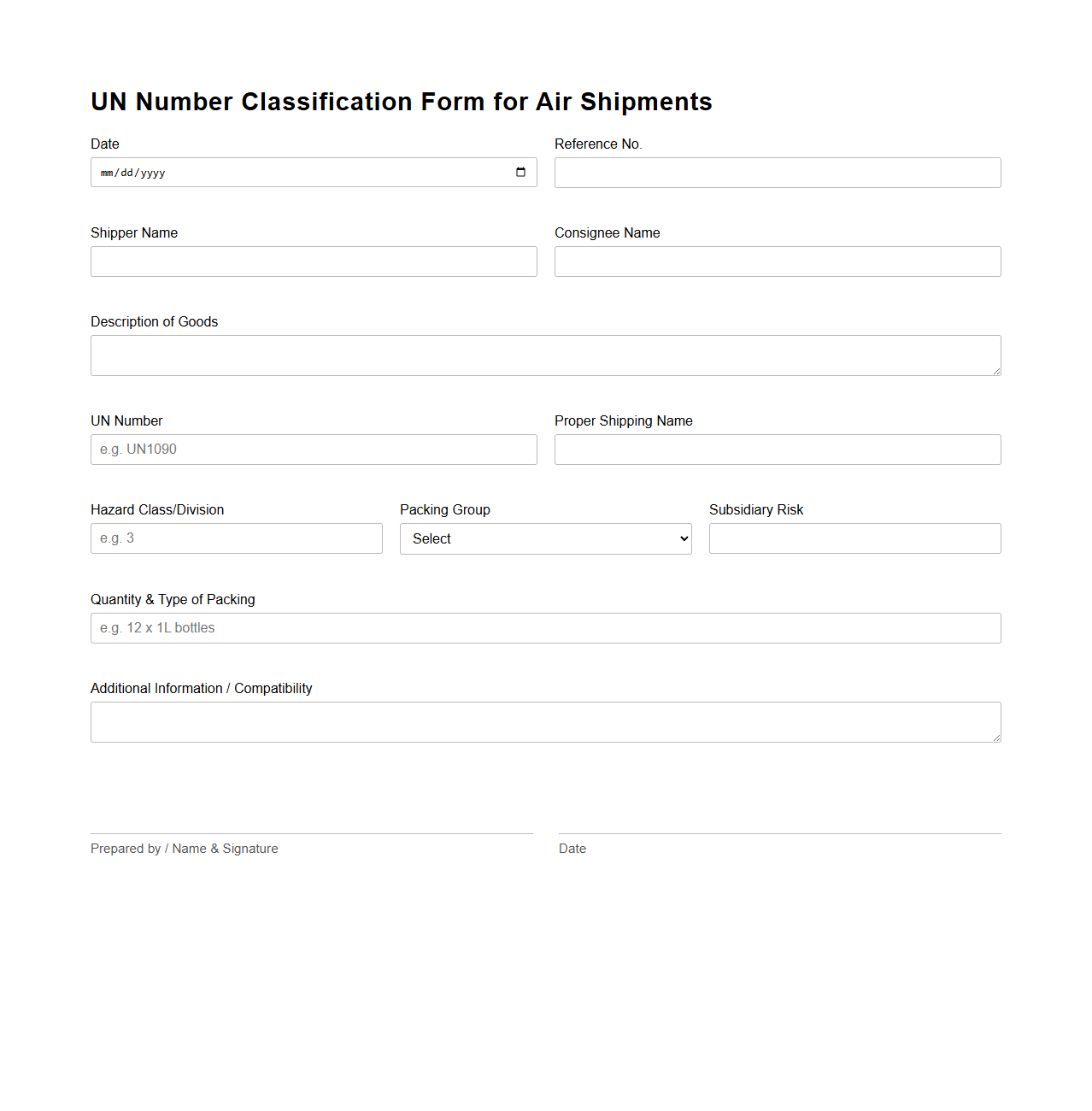 UN Number Classification Form for Air Shipments