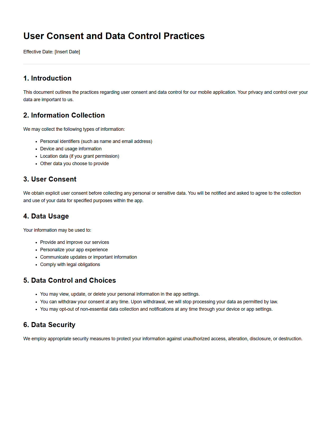 User Consent and Data Control Practices for Mobile Applications