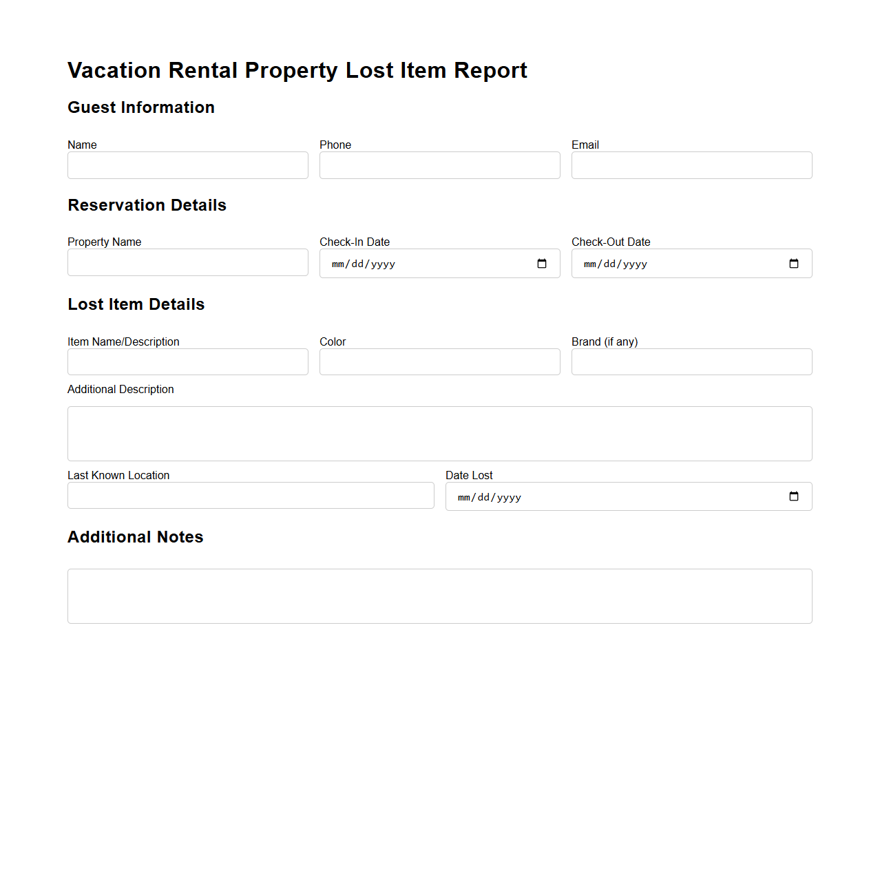 Vacation Rental Property Lost Item Report Sample