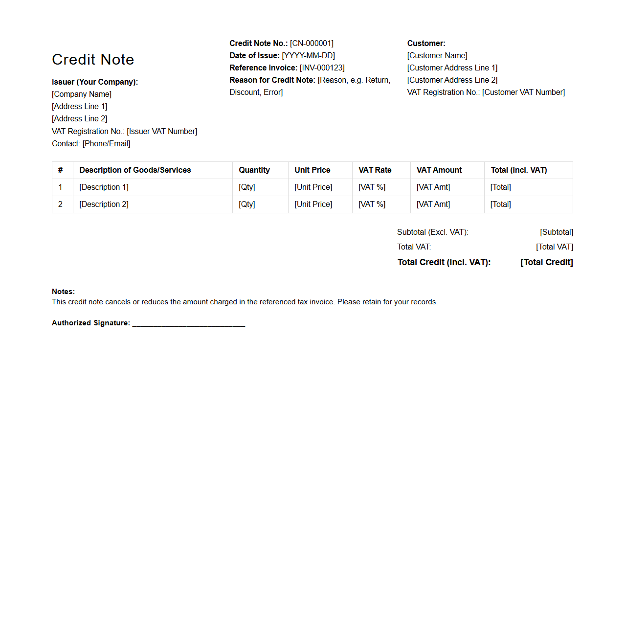 VAT-Compliant Customer Credit Note