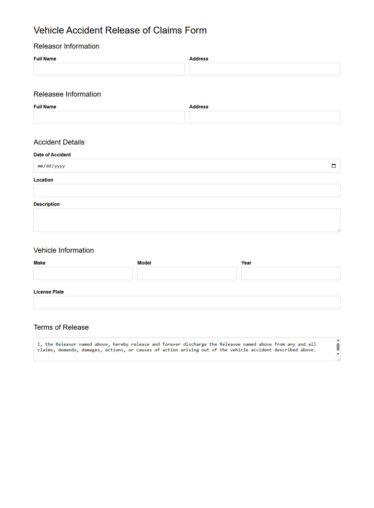 Vehicle Accident Release of Claims Form