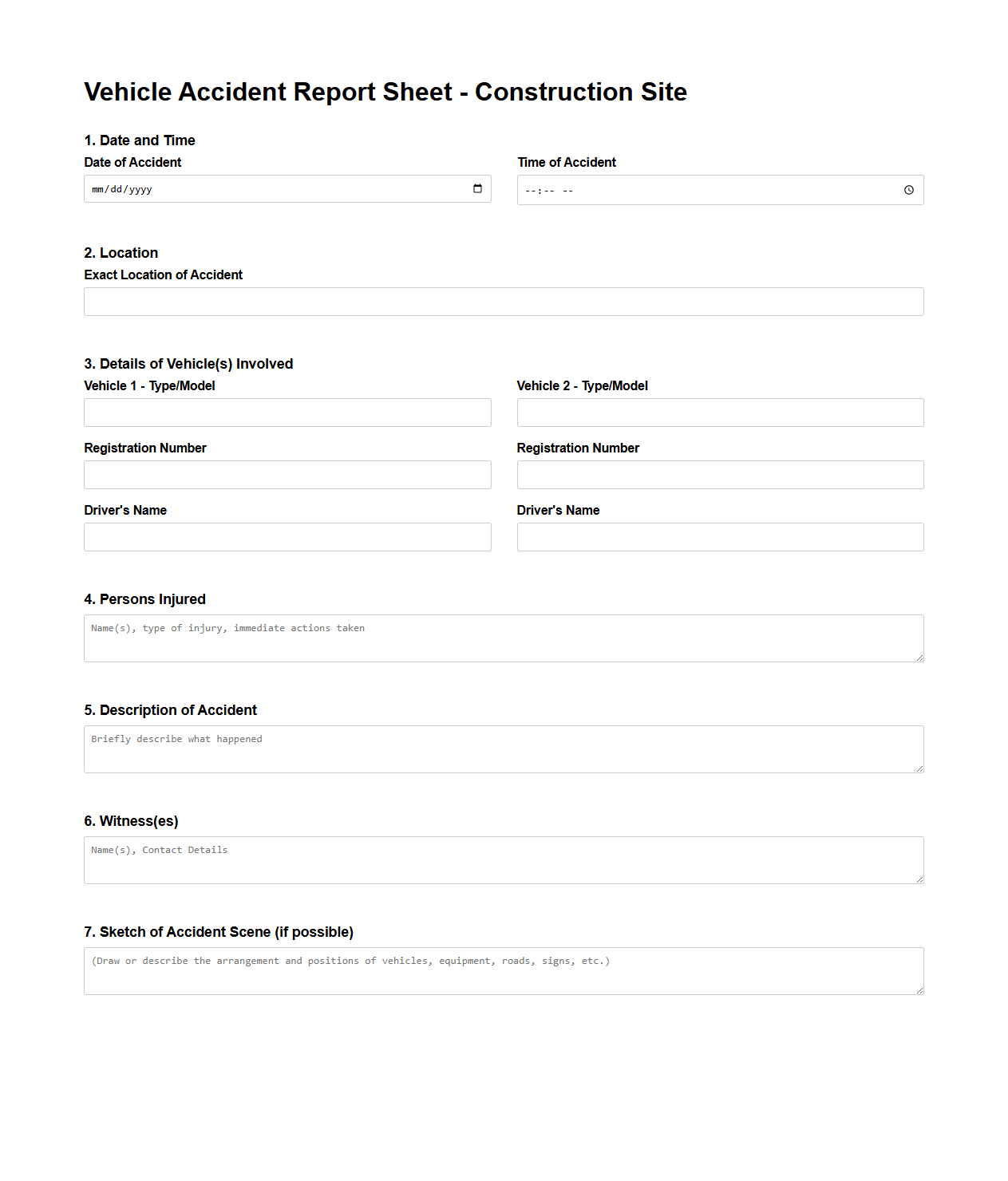 Vehicle Accident Report Sheet for Construction Sites