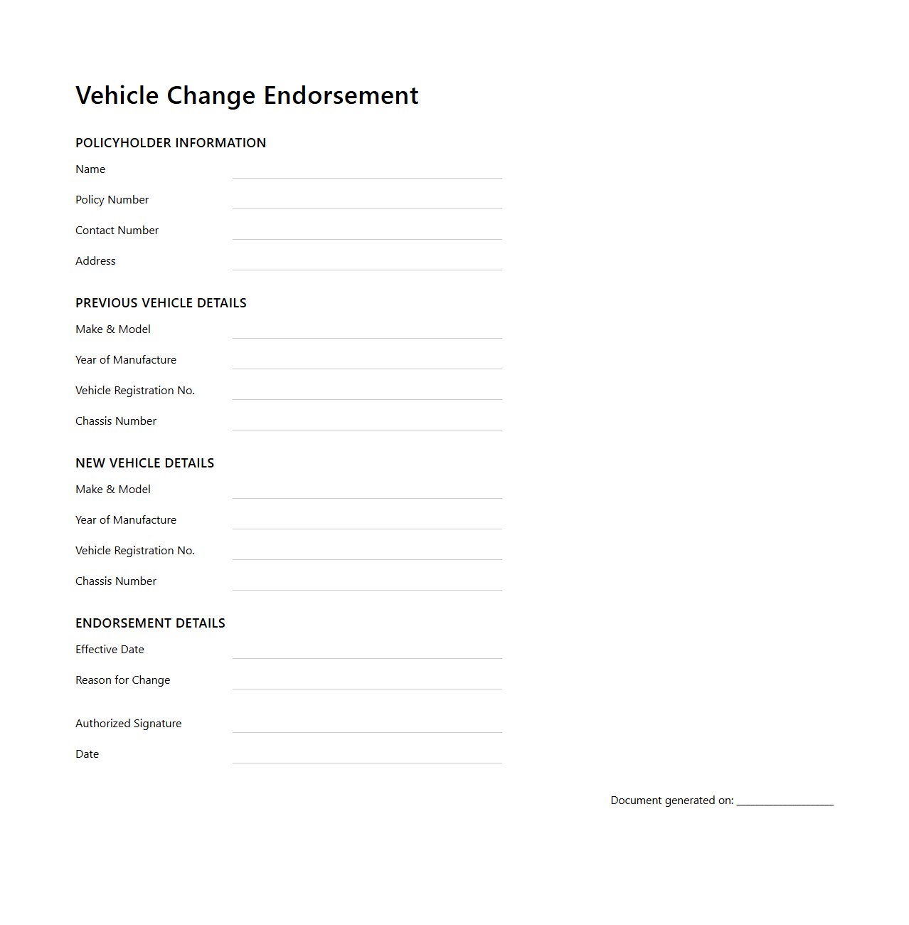 Vehicle Change Endorsement Document for Car Insurance