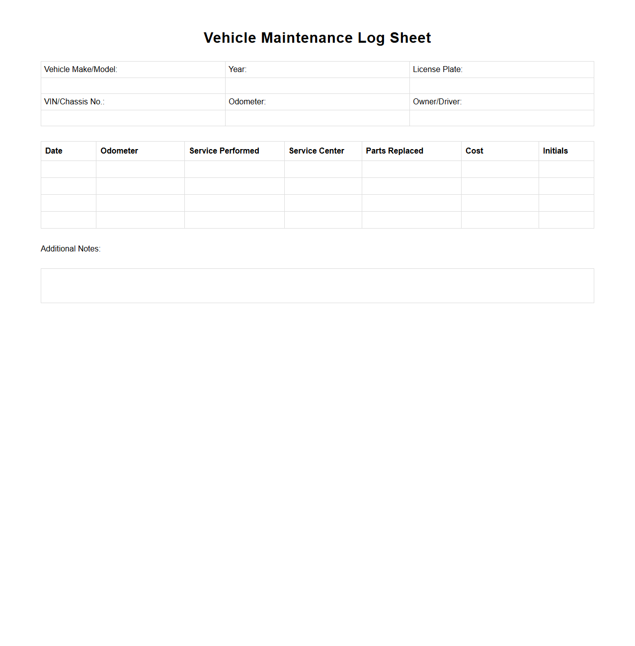 Vehicle Maintenance Log Sheet