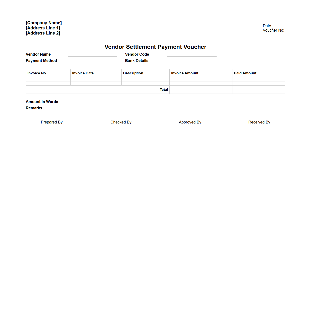 Vendor Settlement Payment Voucher Format