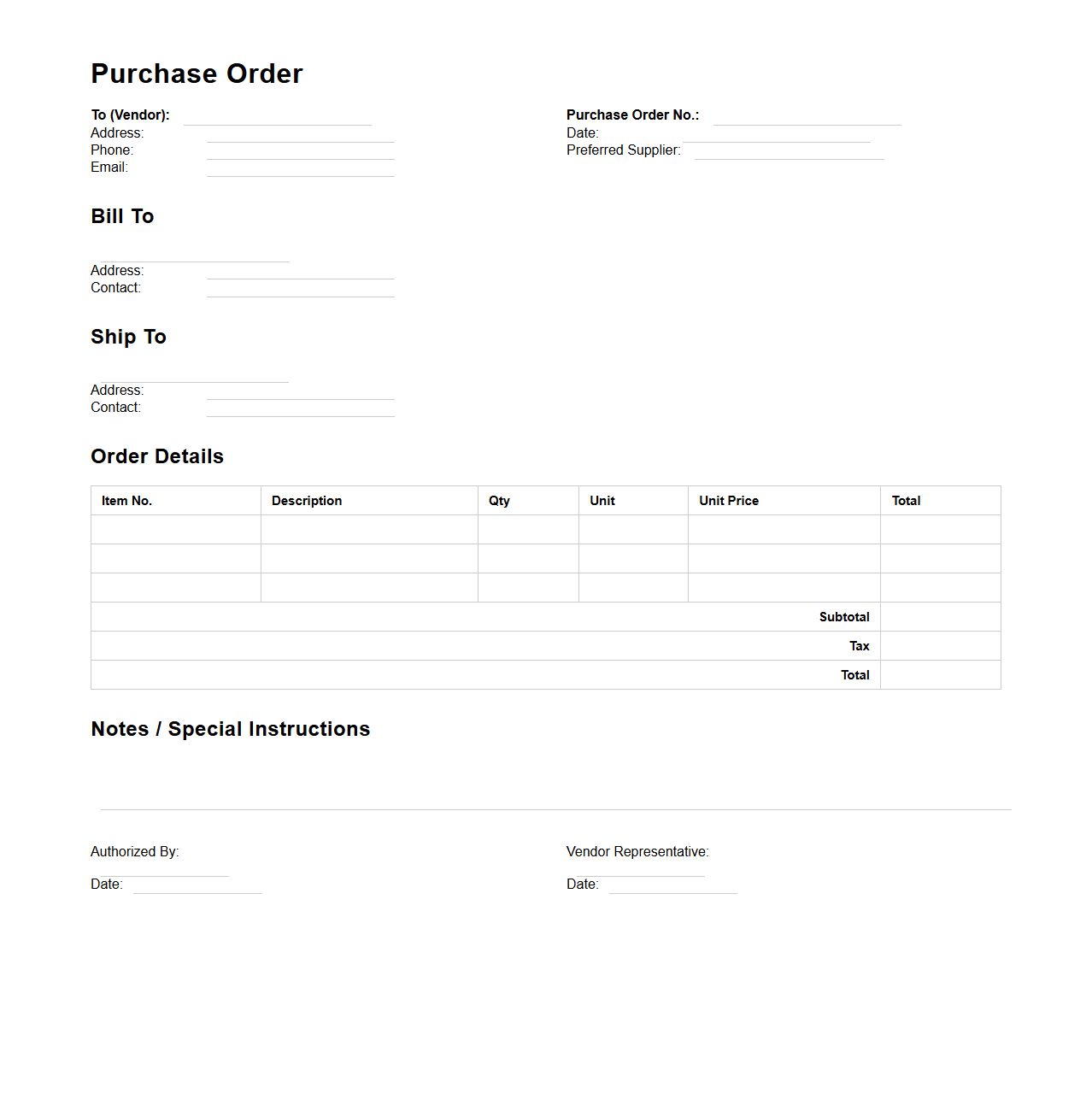 Vendor-Specific Purchase Order for Preferred Suppliers