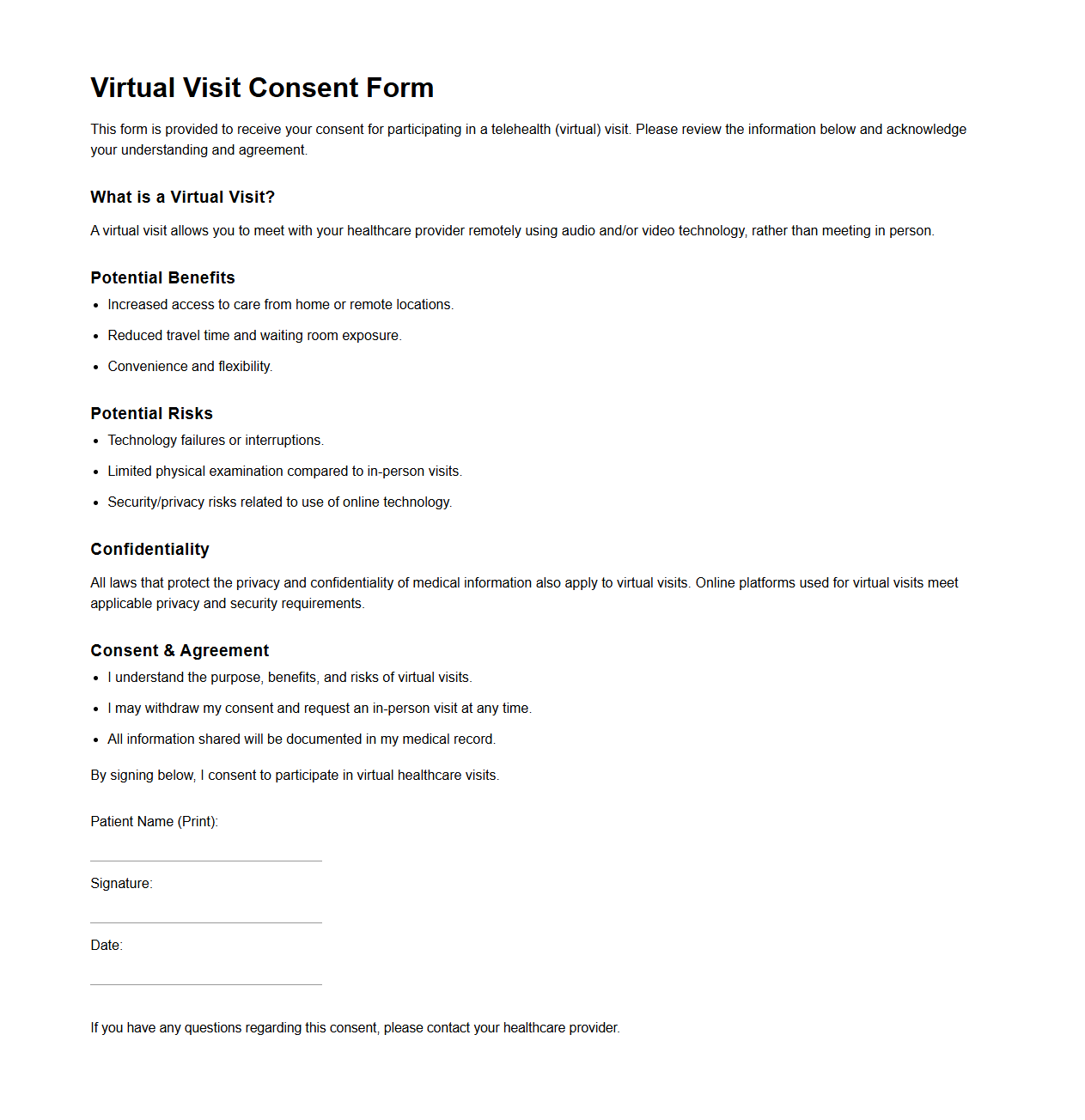 Virtual Visit Consent Form Example