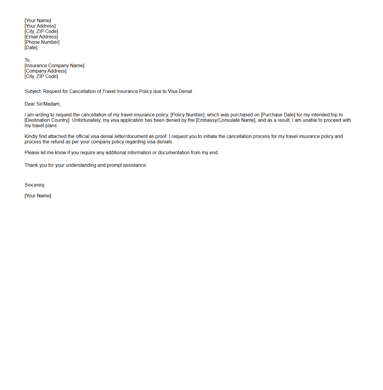 Visa Denial Cancellation Request Letter for Travel Insurance