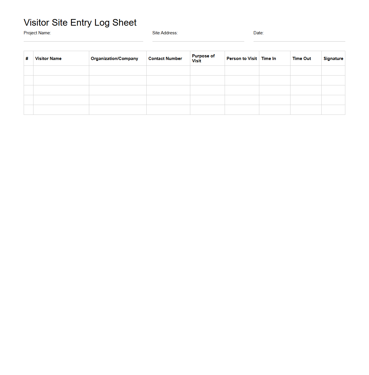 Visitor Site Entry Log Sheet for Construction Projects