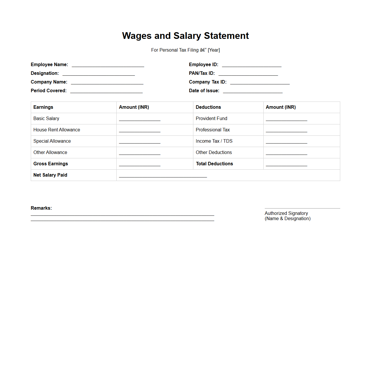 Wages and Salary Statement Format for Personal Tax Filing