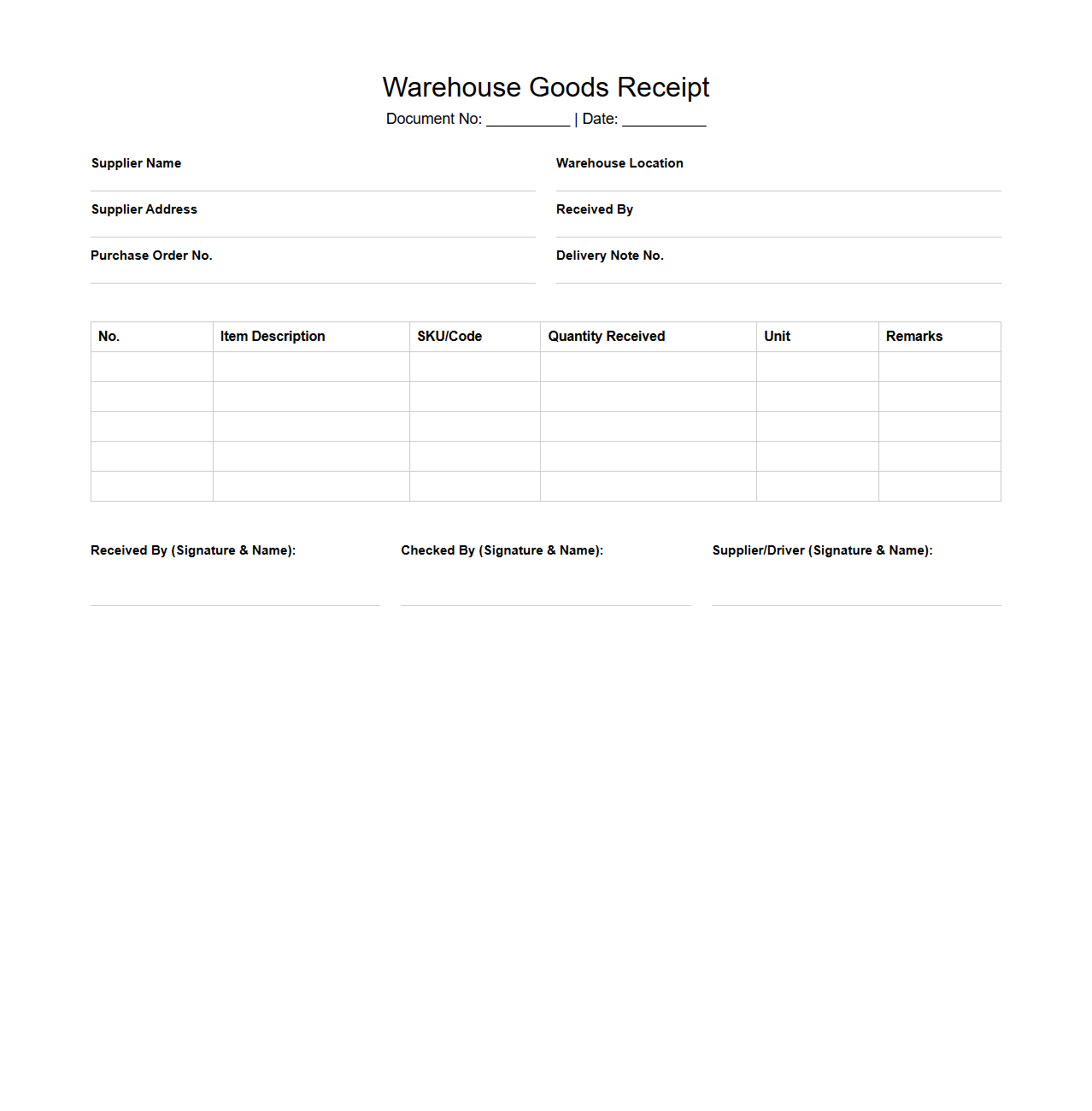Warehouse Goods Receipt Template