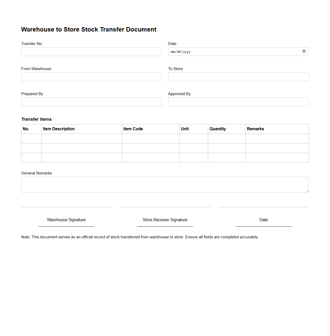 Warehouse to Store Stock Transfer Document