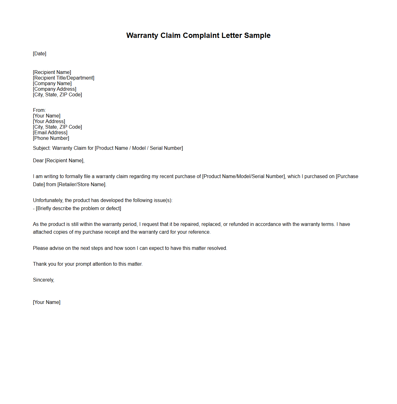 Warranty Claim Complaint Letter Sample