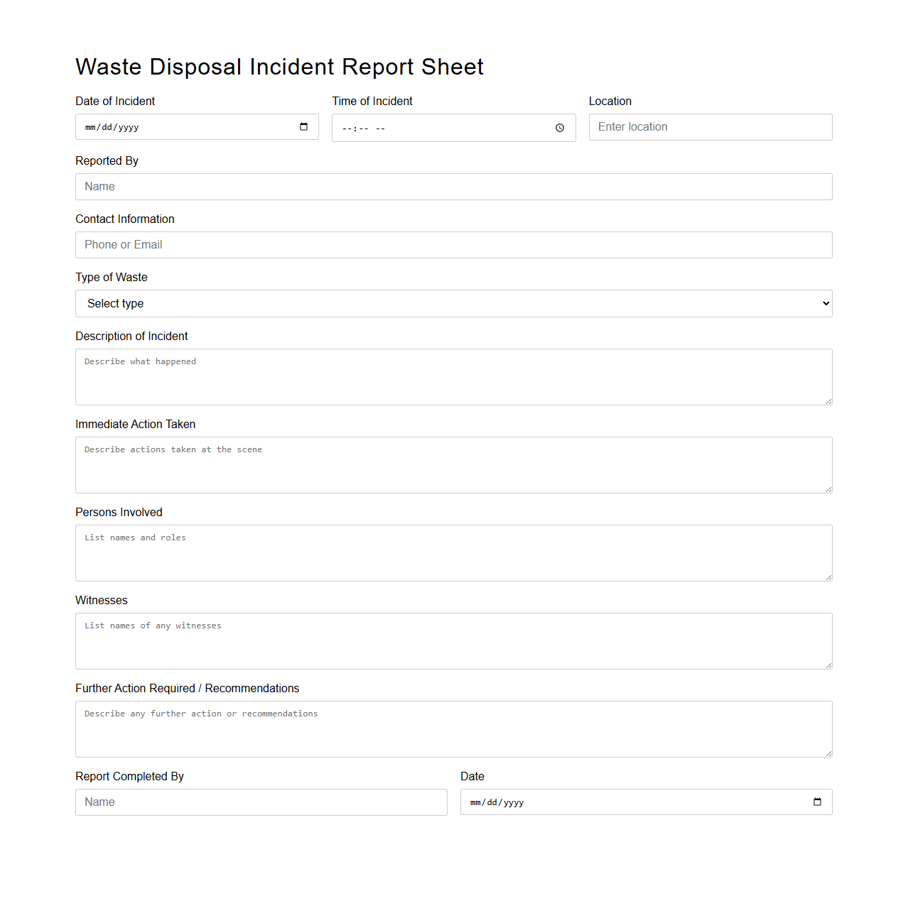 Waste Disposal Incident Report Sheet