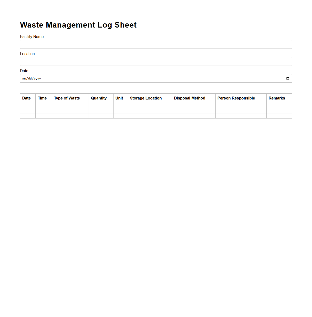 Waste Management Log Sheet Sample