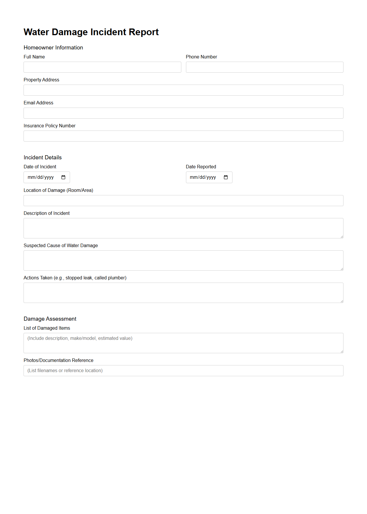 Water Damage Incident Report Template for Homeowners Insurance