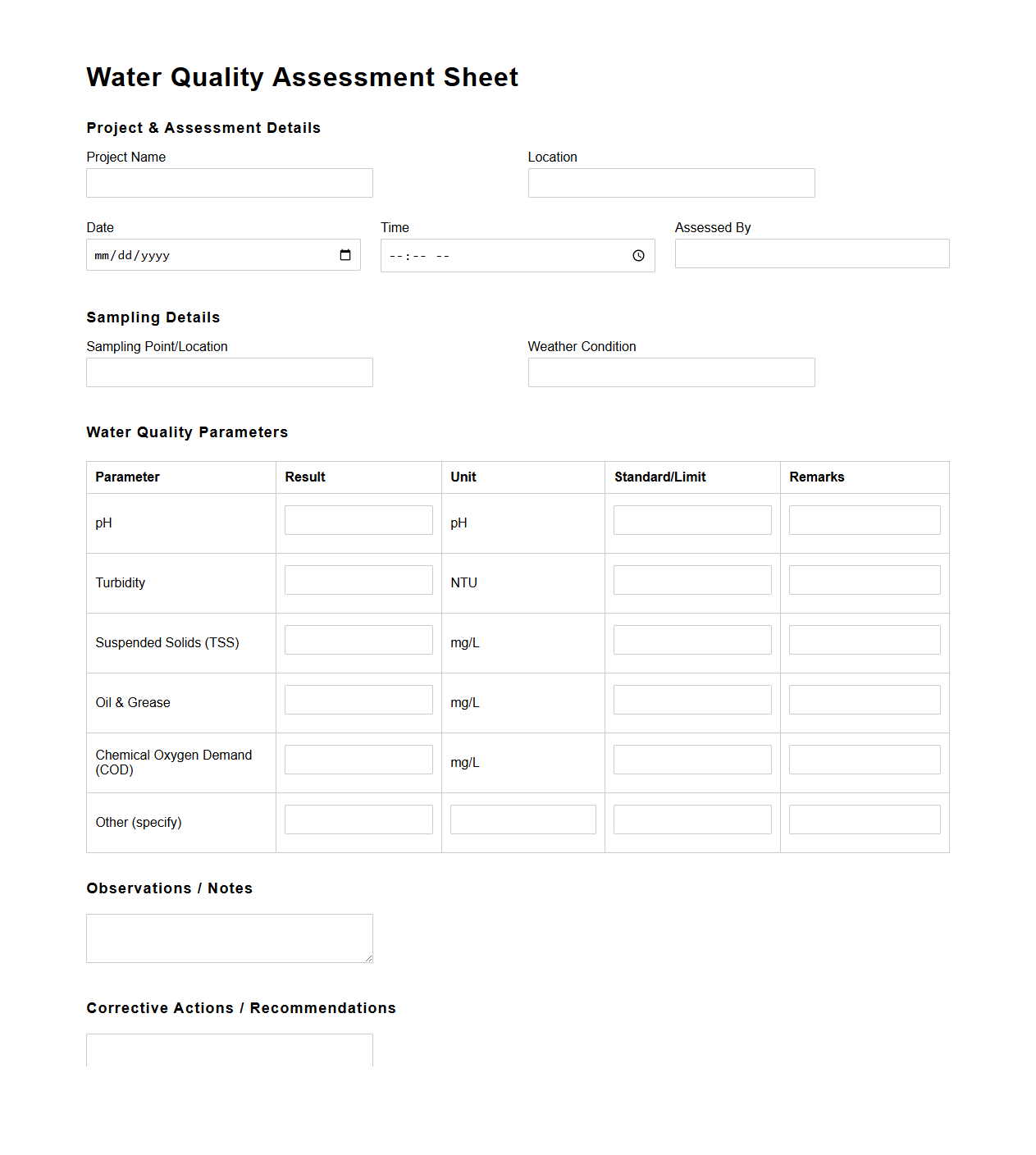 Water Quality Assessment Sheet for Construction Activities