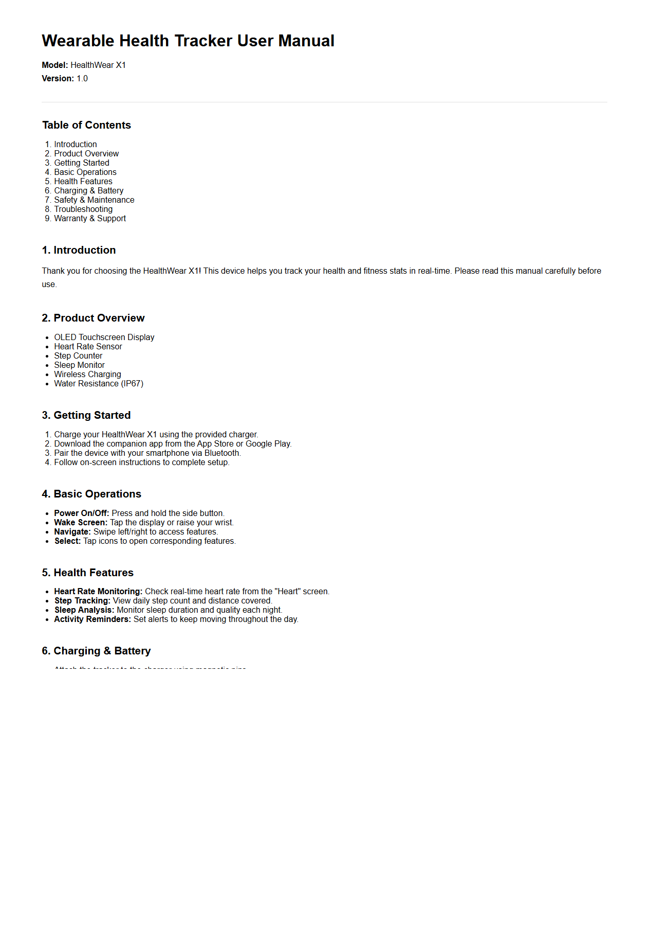 Wearable Health Tracker User Manual Sample