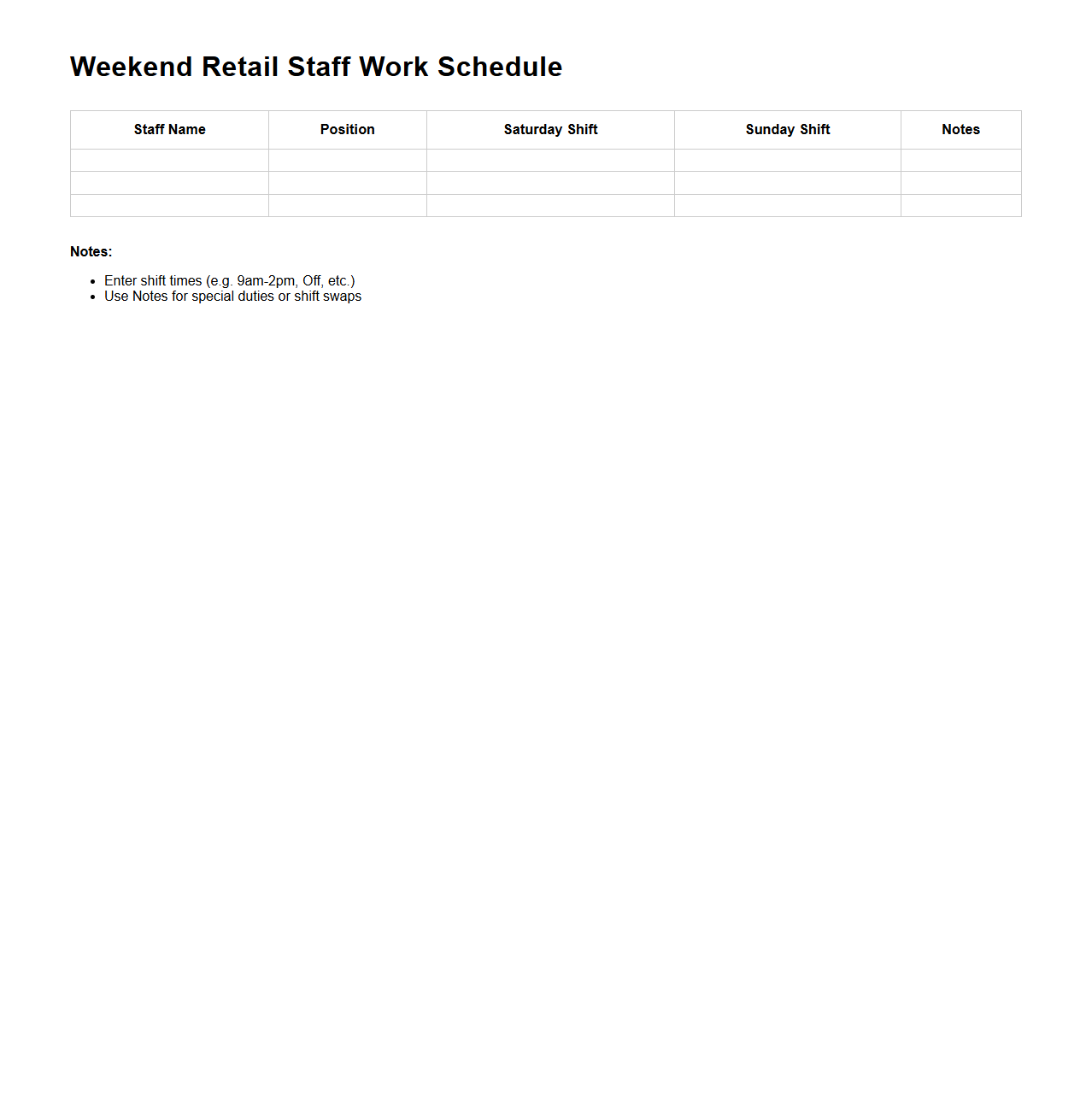 Weekend Retail Staff Work Schedule