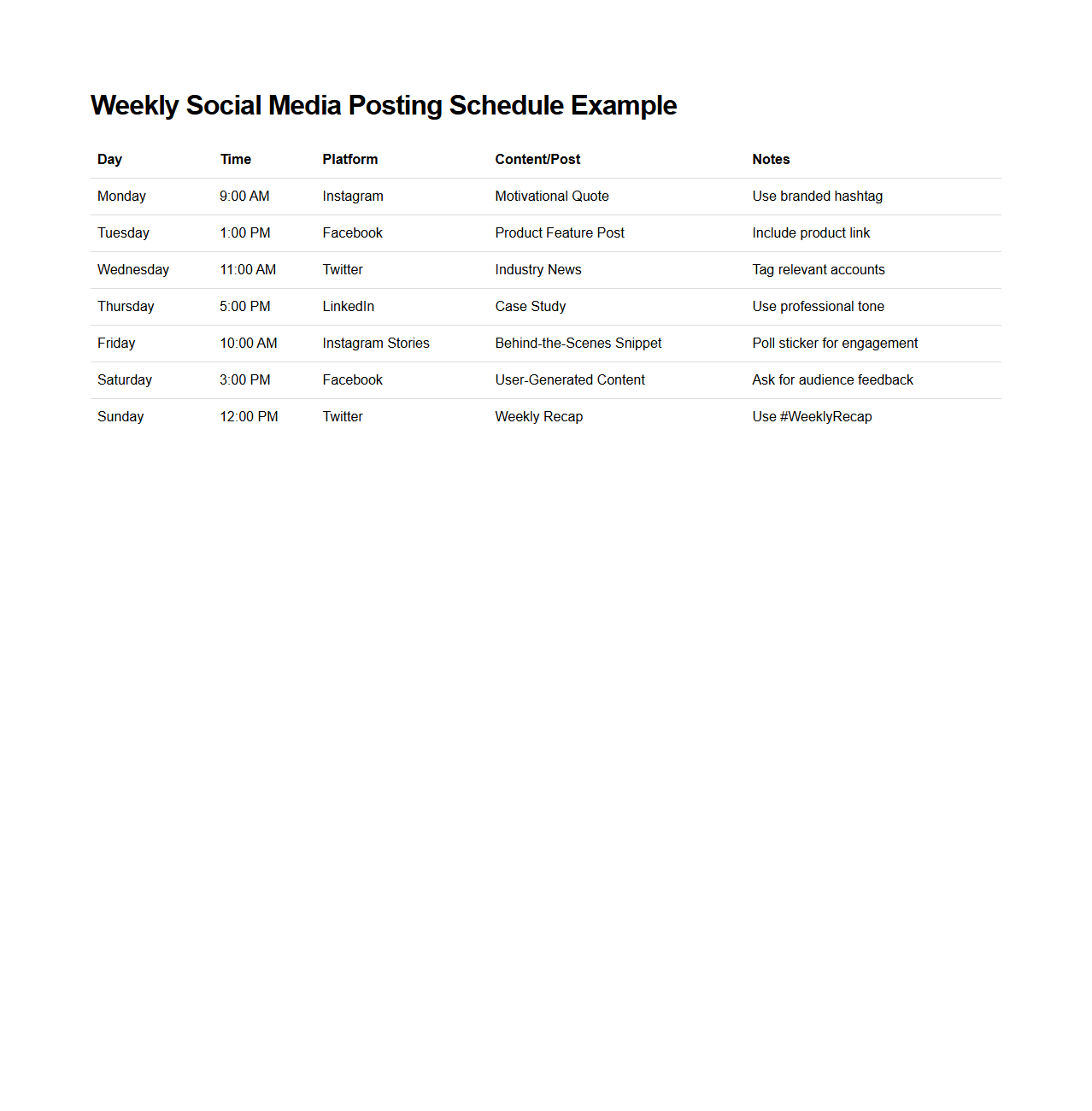 Weekly Social Media Posting Schedule Example