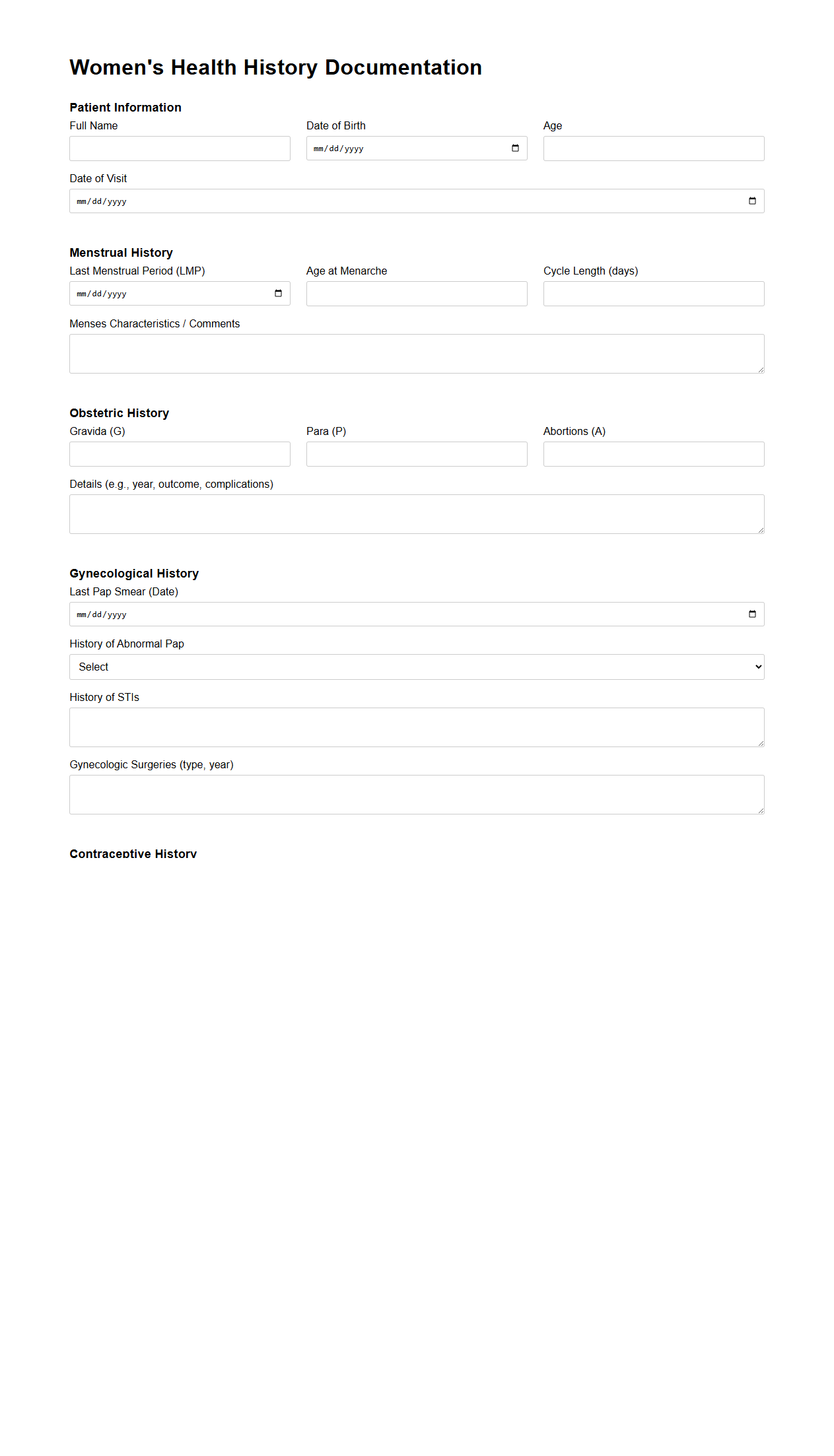 Women's Health History Documentation