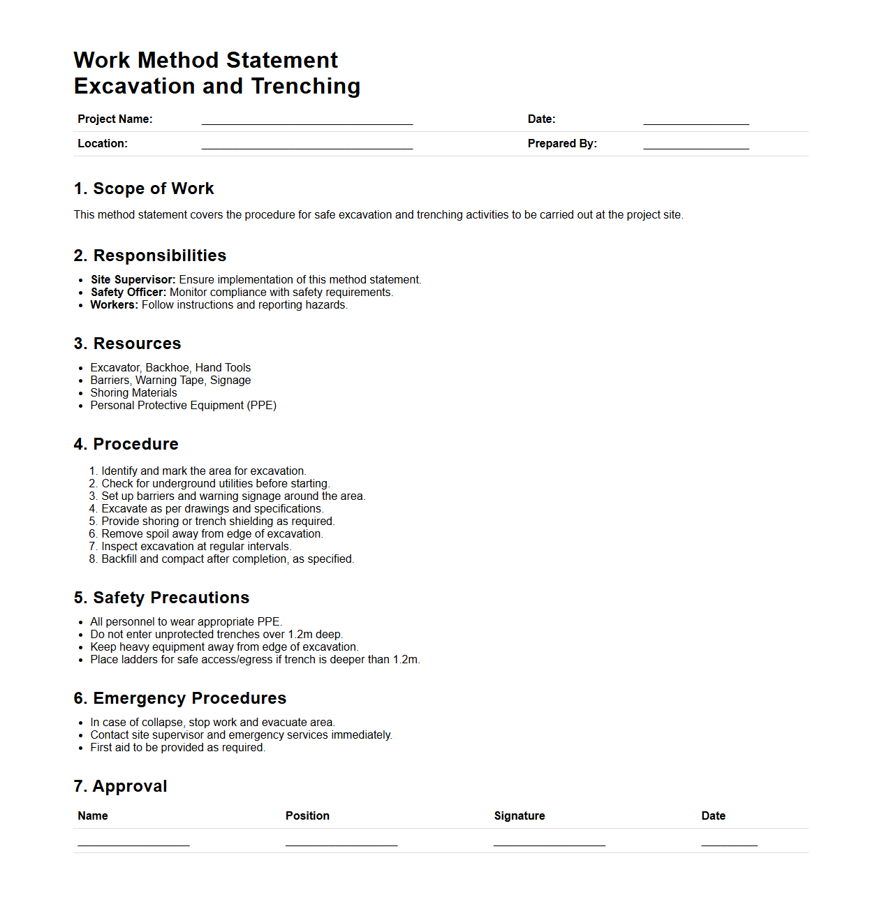 Work Method Statement for Excavation and Trenching