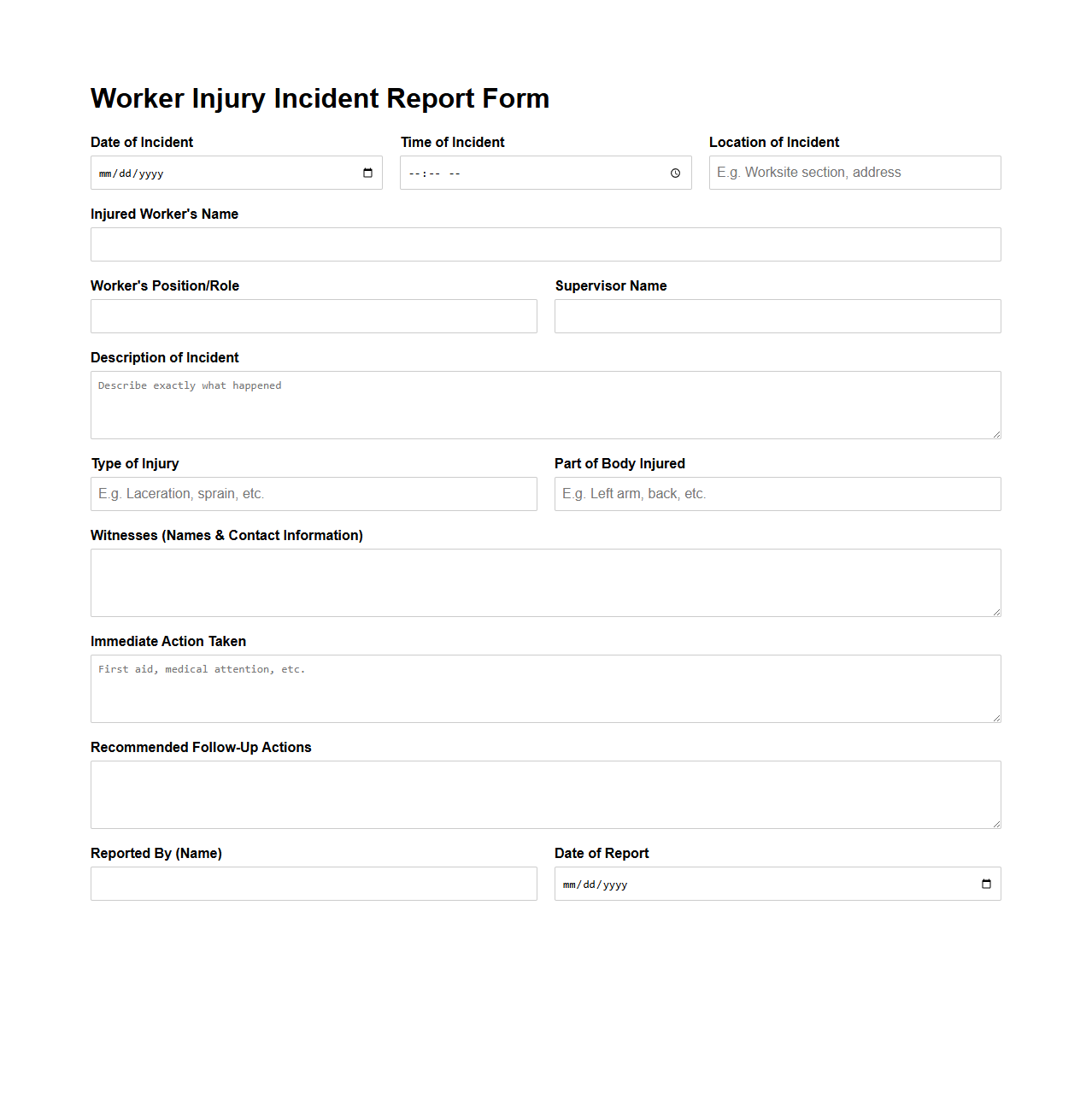 Worker Injury Incident Report Form for Construction