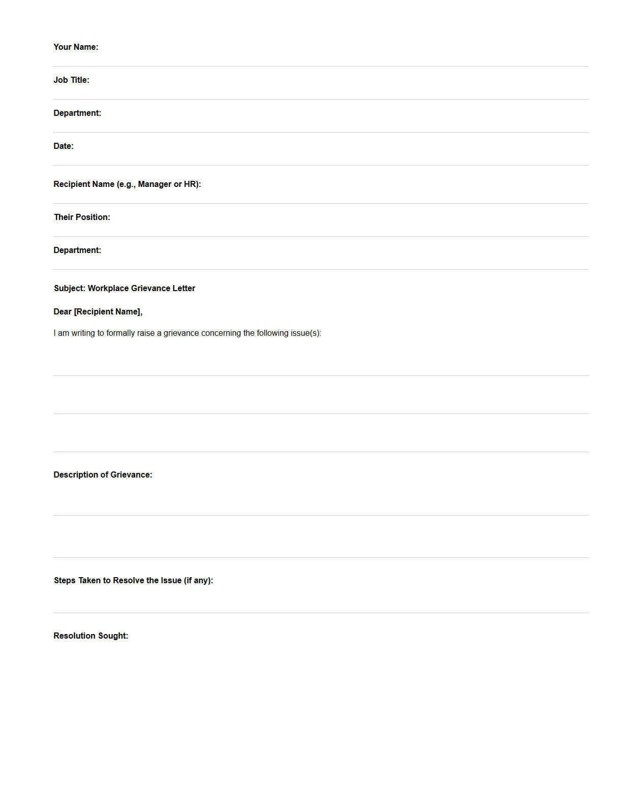 Workplace Grievance Letter Template