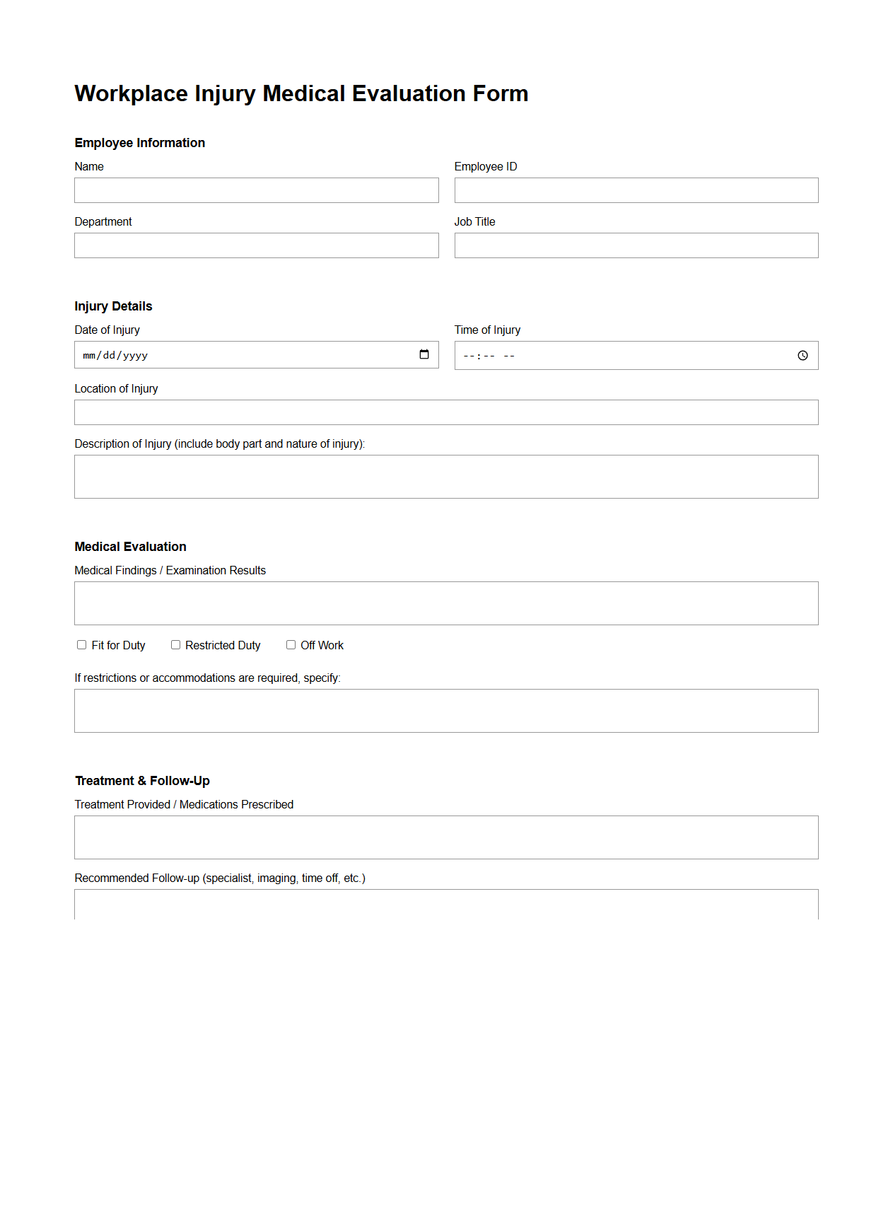 Workplace Injury Medical Evaluation Form