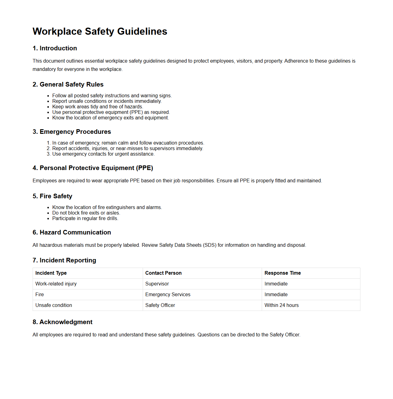 Workplace Safety Guidelines Document