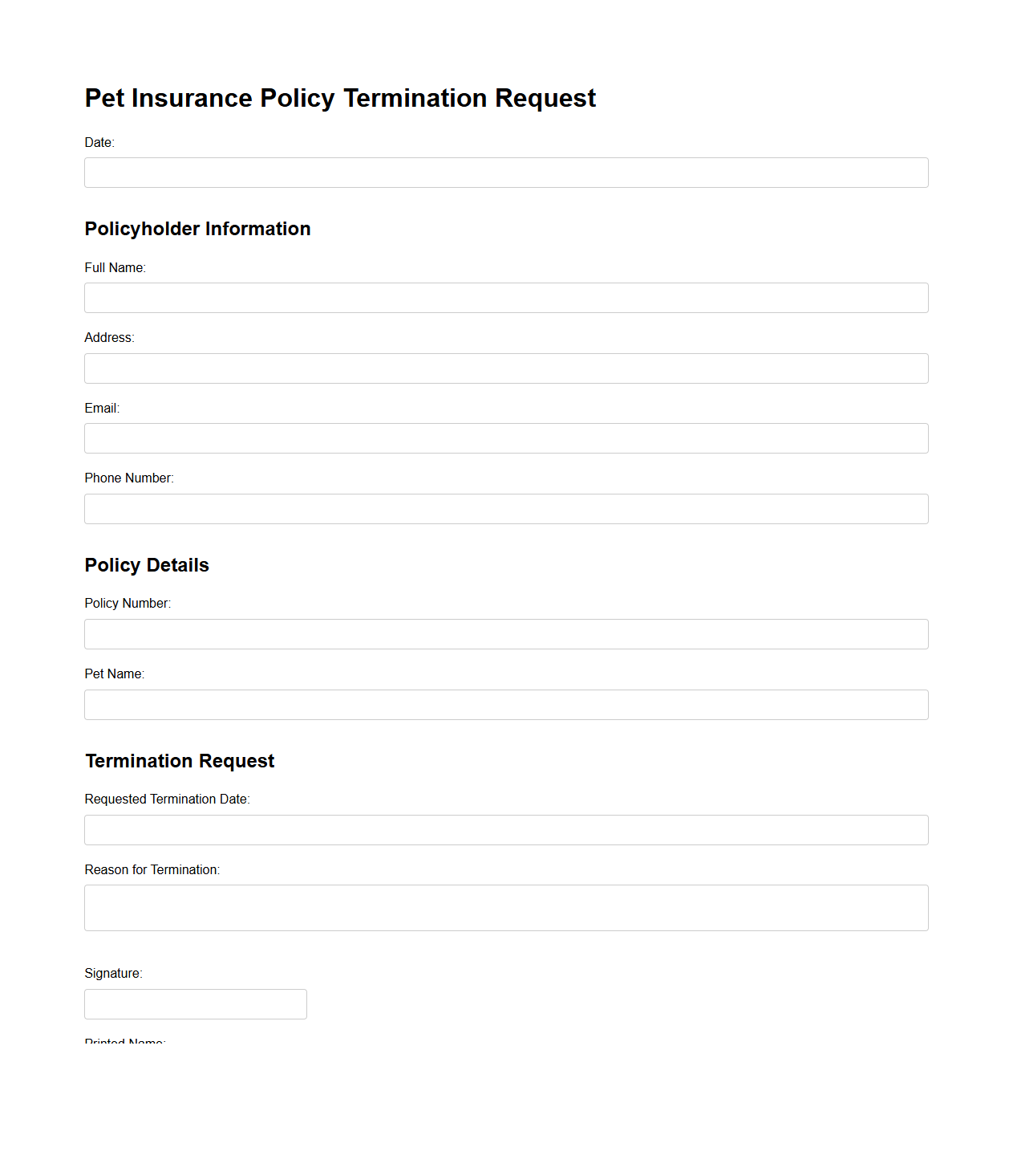 Written Pet Insurance Policy Termination Request