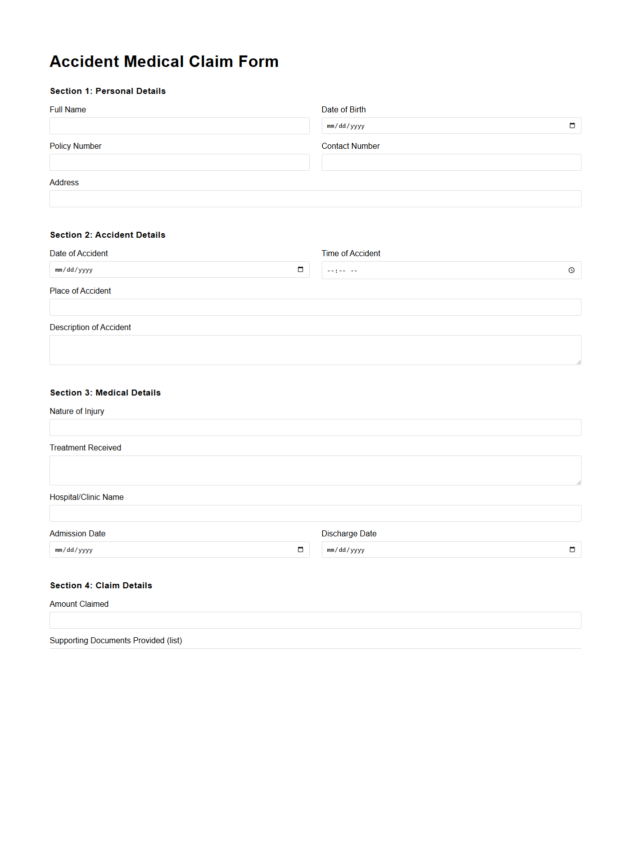 Accident Medical Claim Form Sample