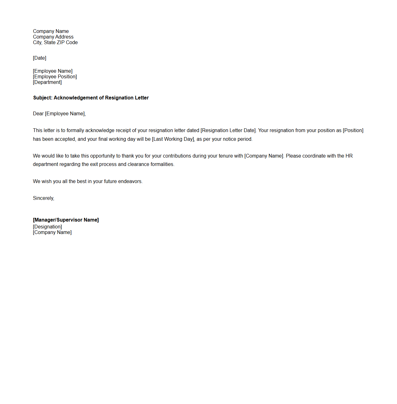 Acknowledgement Letter for Employee Resignation