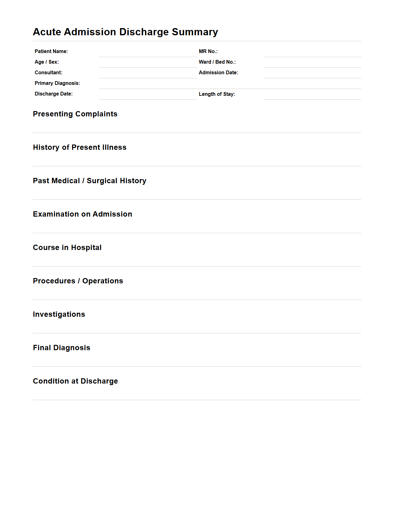 Acute Admission Discharge Summary Format
