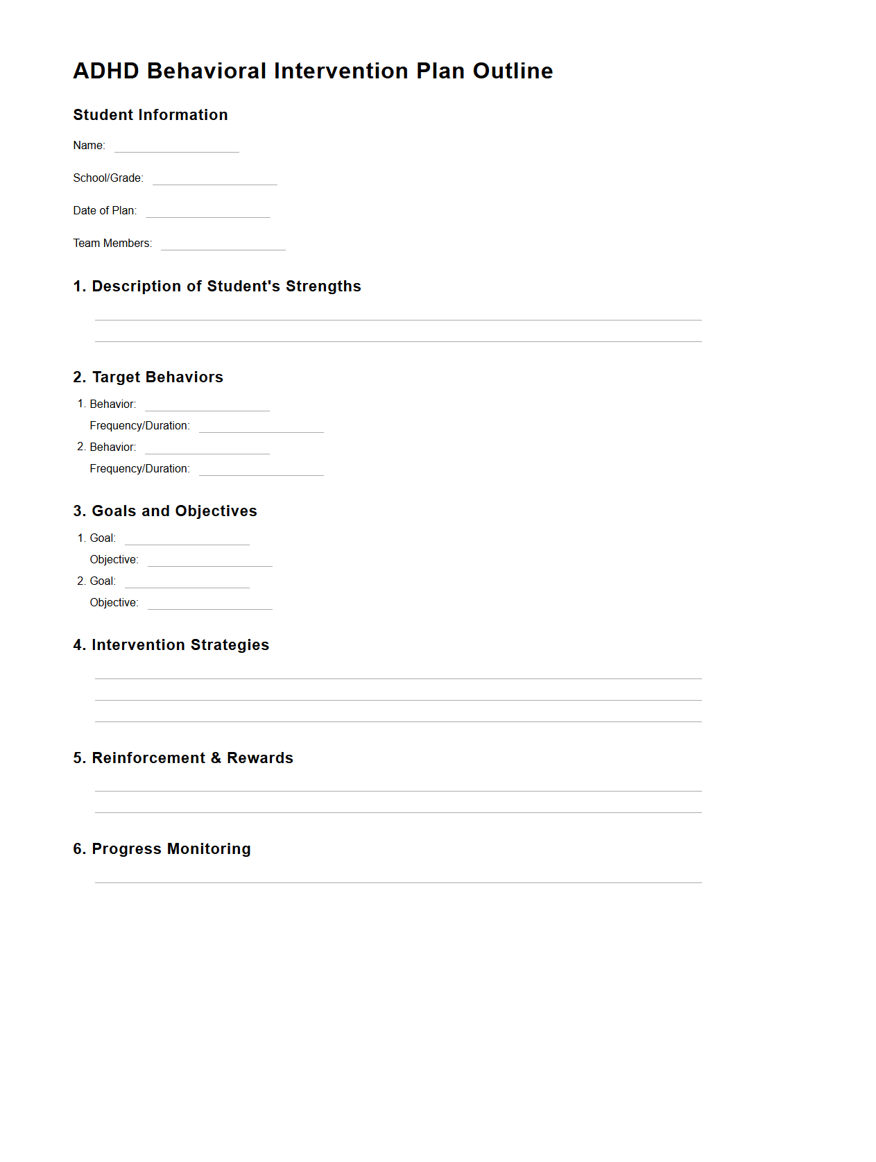 ADHD Behavioral Intervention Plan Outline