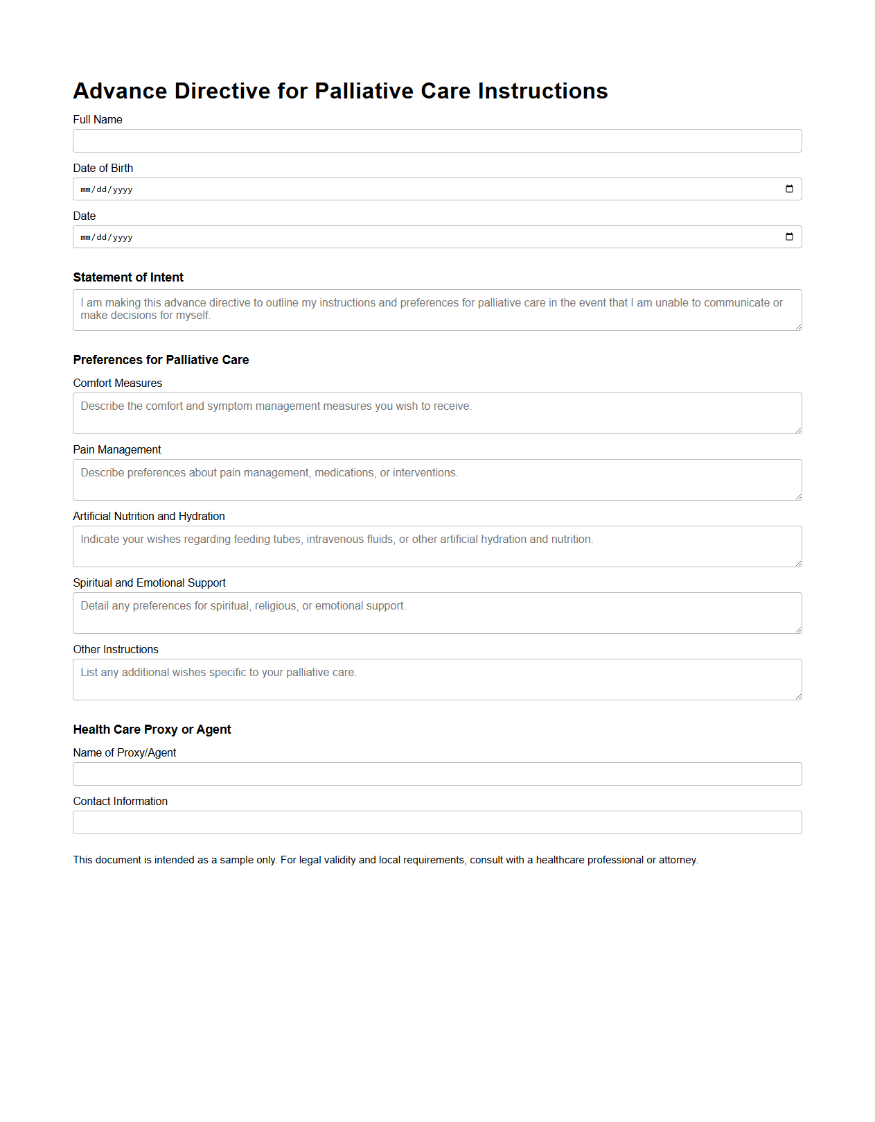 Advance Directive for Palliative Care Instructions