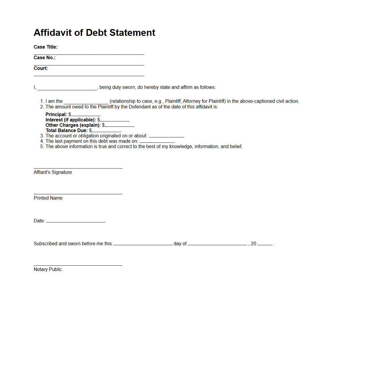 Affidavit of Debt Statement Sample for Civil Cases
